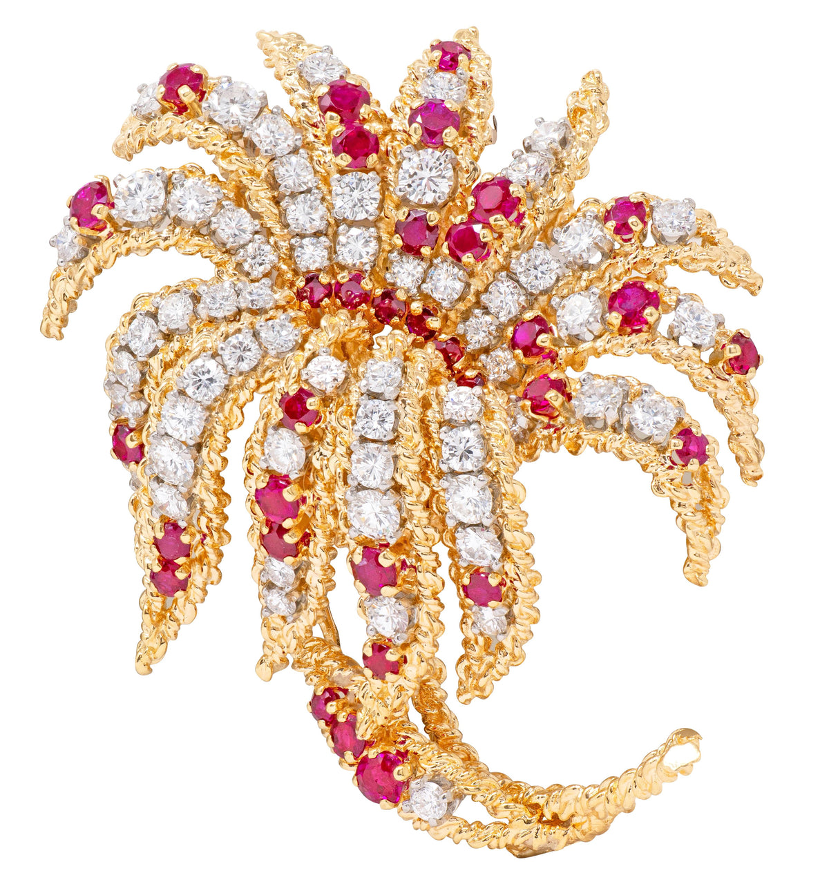Van Cleef & Arpels French 1960's Diamond Ruby 18K Platinum Vintage Flower Brooch