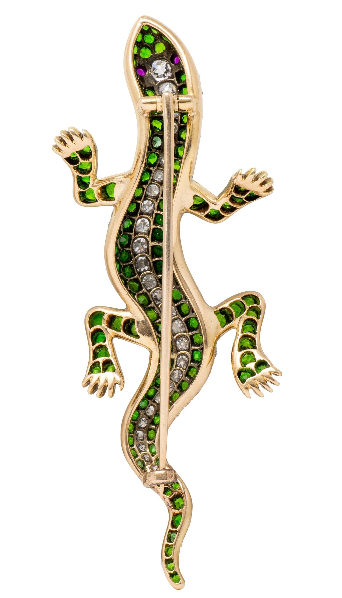 Edwardian Demantoid Diamond Ruby 18K Yellow Platinum Antique Salamander Brooch