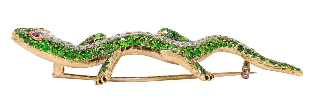 Edwardian Demantoid Diamond Ruby 18K Yellow Platinum Antique Salamander Brooch
