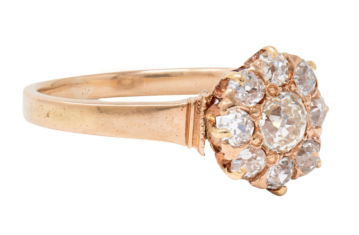 Victorian Old Mine Cut Diamond 14 Karat Yellow Gold Antique Halo Engagement Ring