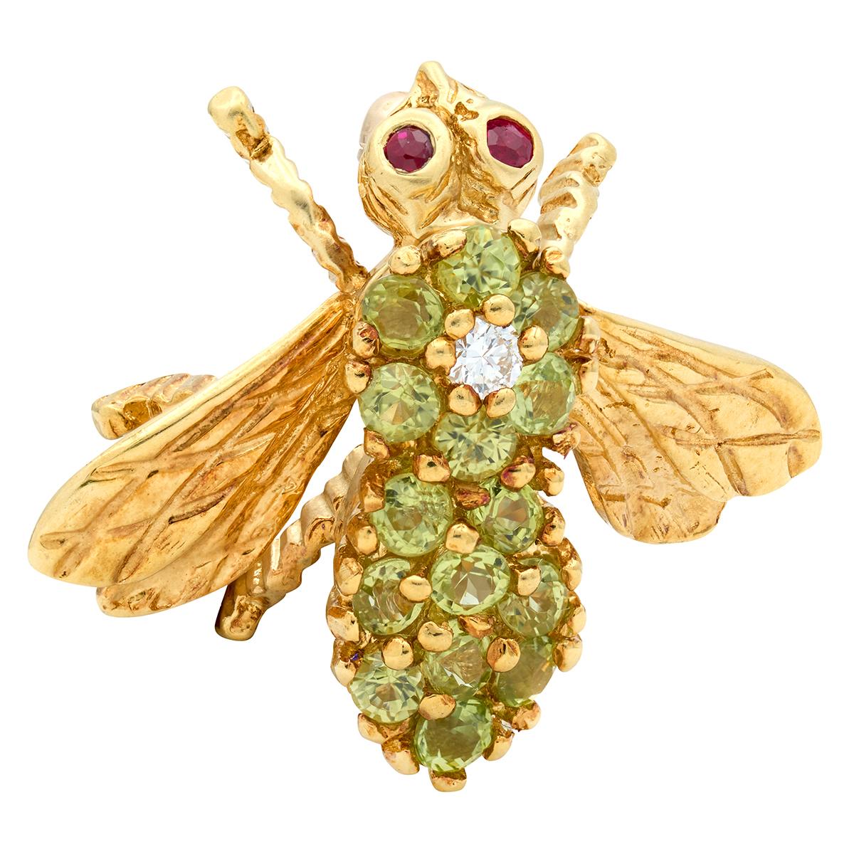 Herbert Rosenthal 1960's Diamond Peridot 18 Karat Yellow Gold Vintage Bee Brooch
