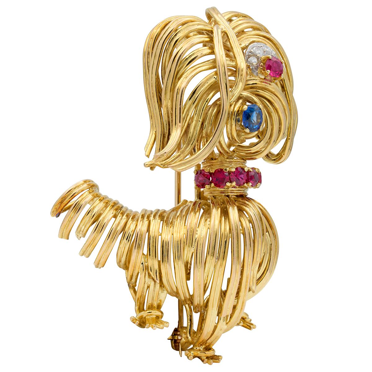 1960 Diamond Ruby Sapphire 14 Karat Yellow Gold Platinum Vintage Wire Dog Brooch