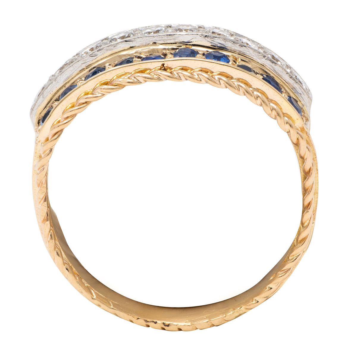 1960's Diamond Sapphire Platinum 14K Gold Vintage Twisted Rope Wide Band Ring