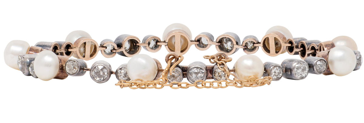 Victorian 3.14 CTW Diamond Pearl 18 Karat Rose Gold Silver Antique Line Bracelet