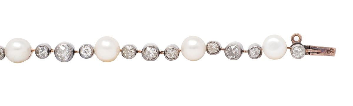 Victorian 3.14 CTW Diamond Pearl 18 Karat Rose Gold Silver Antique Line Bracelet