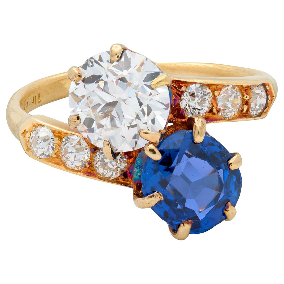 Tiffany & Co. No Heat Yogo Montana Sapphire Diamond 18K Antique Toi-Et-Moi Ring