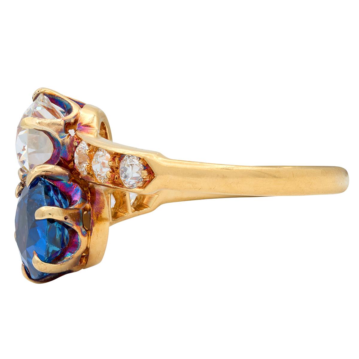 Tiffany & Co. No Heat Yogo Montana Sapphire Diamond 18K Antique Toi-Et-Moi Ring
