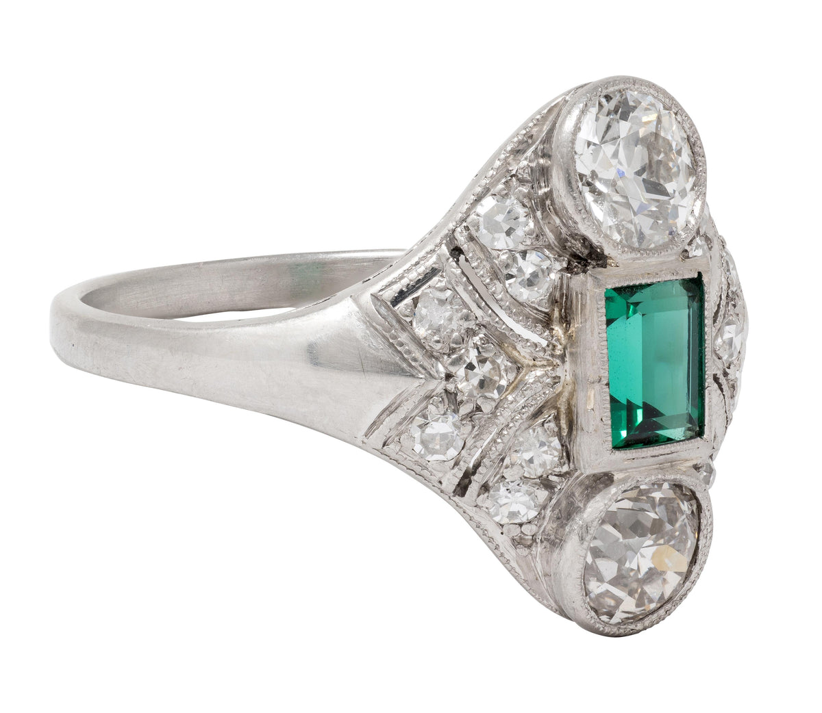 Art Deco 1.75 CTW Emerald Diamond Platinum Vintage Navette Dinner Ring