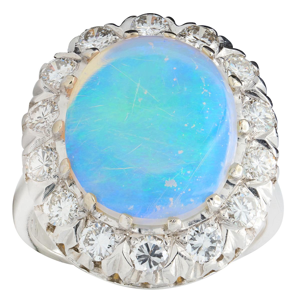 Mid-Century Jelly Opal Diamond 14 Karat White Gold Vintage Halo Ring