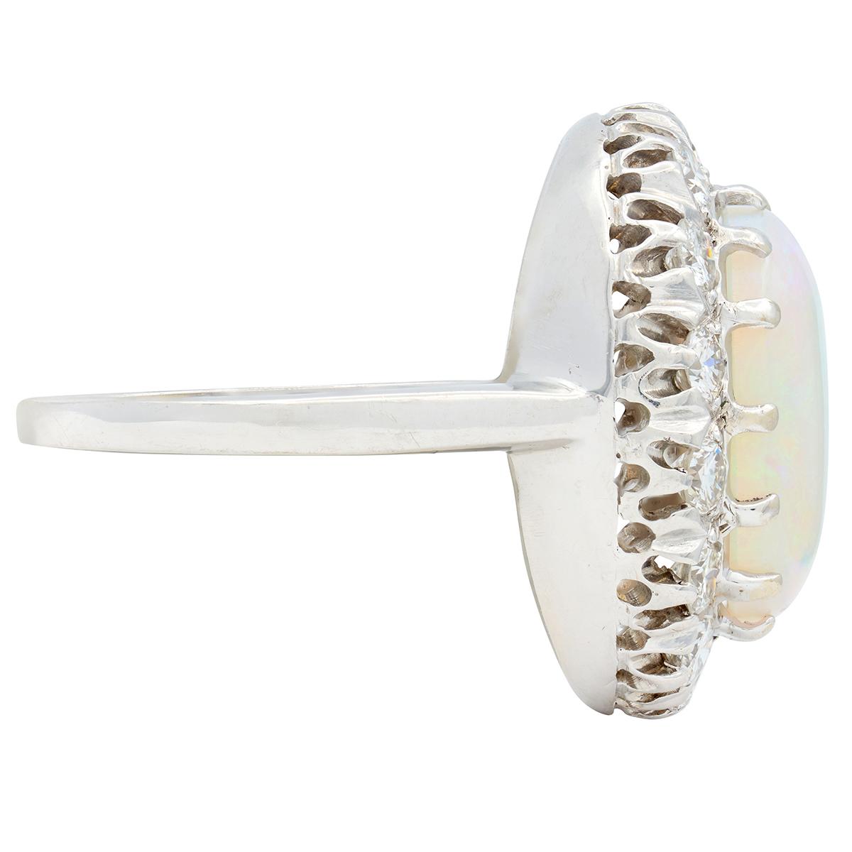 Mid-Century Jelly Opal Diamond 14 Karat White Gold Vintage Halo Ring