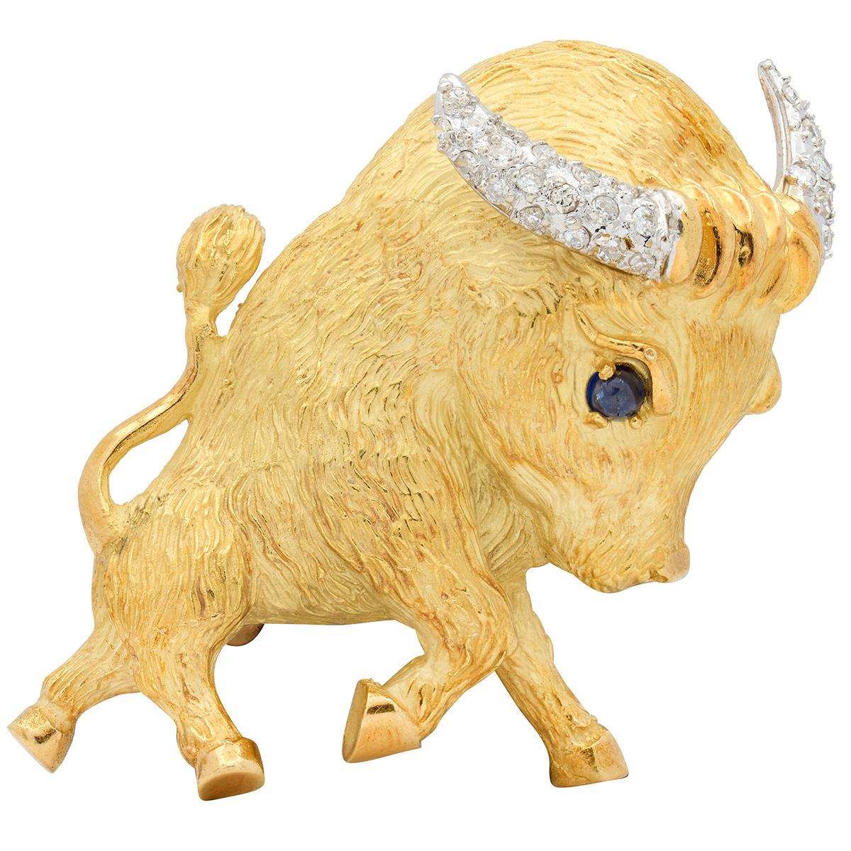 1960's Diamond Sapphire 18K Gold Vintage Whimsical Taurus Zodiac Bull Brooch