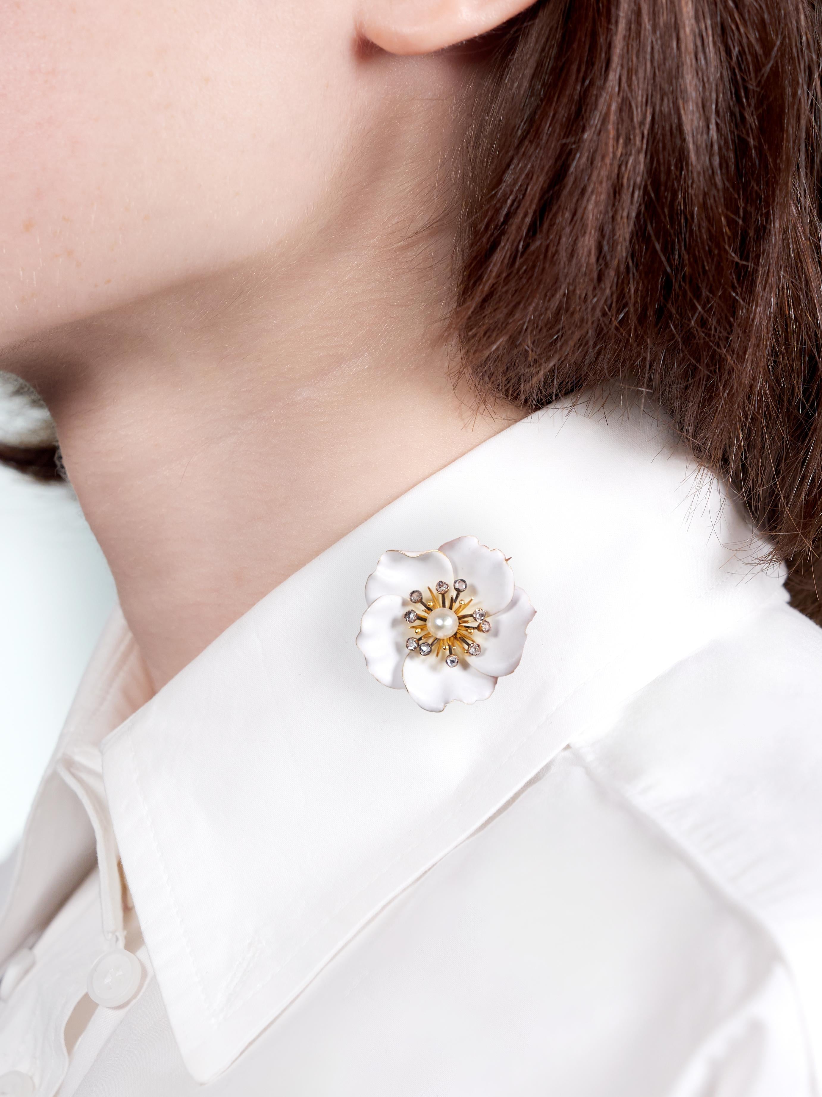 Art Nouveau French Diamond Pearl White Enamel 18K Yellow Antique Pansy Brooch