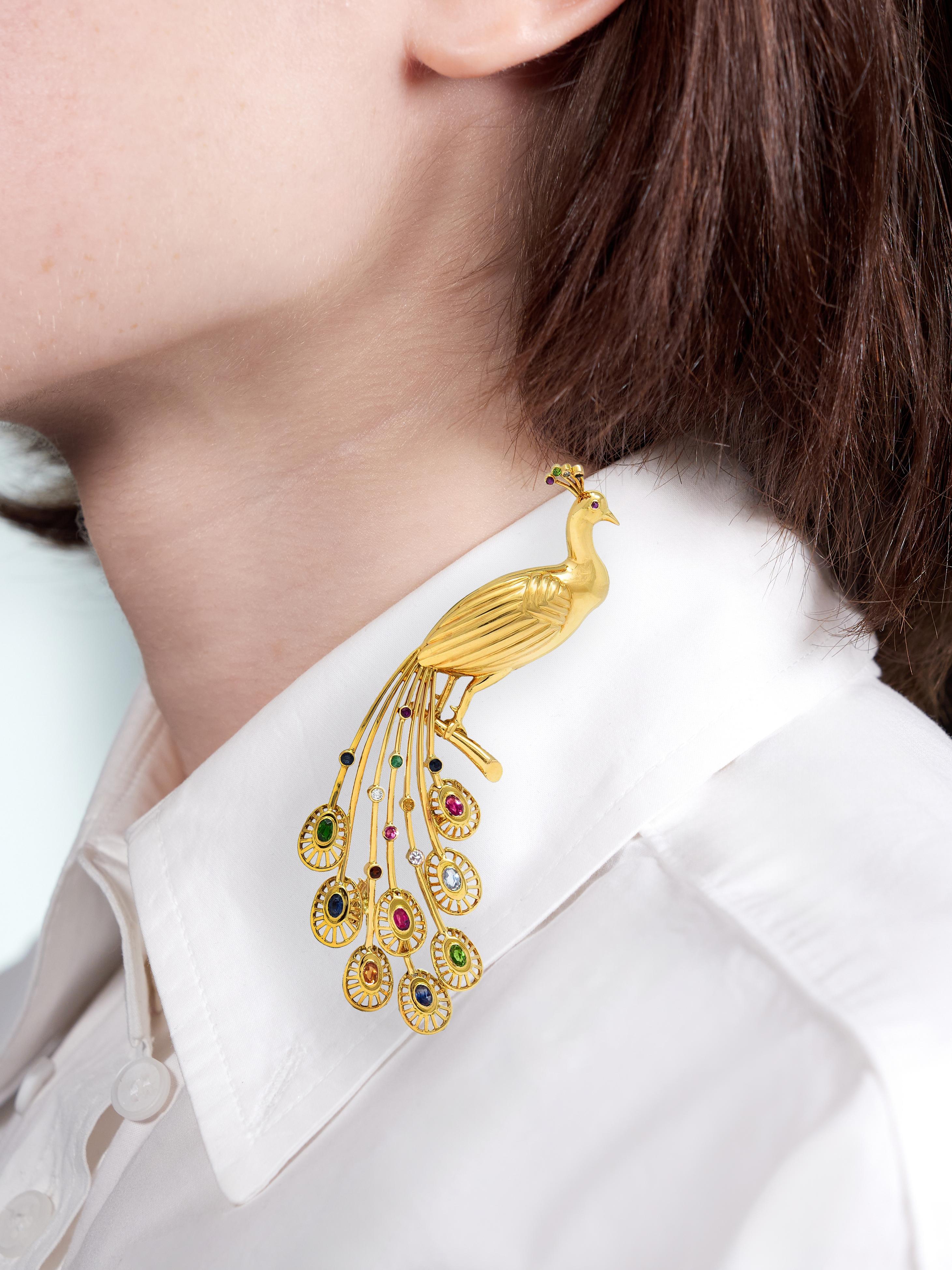 1950's French Multi-Gem Ruby Diamond 18 Karat Yellow Gold Vintage Peacock Brooch