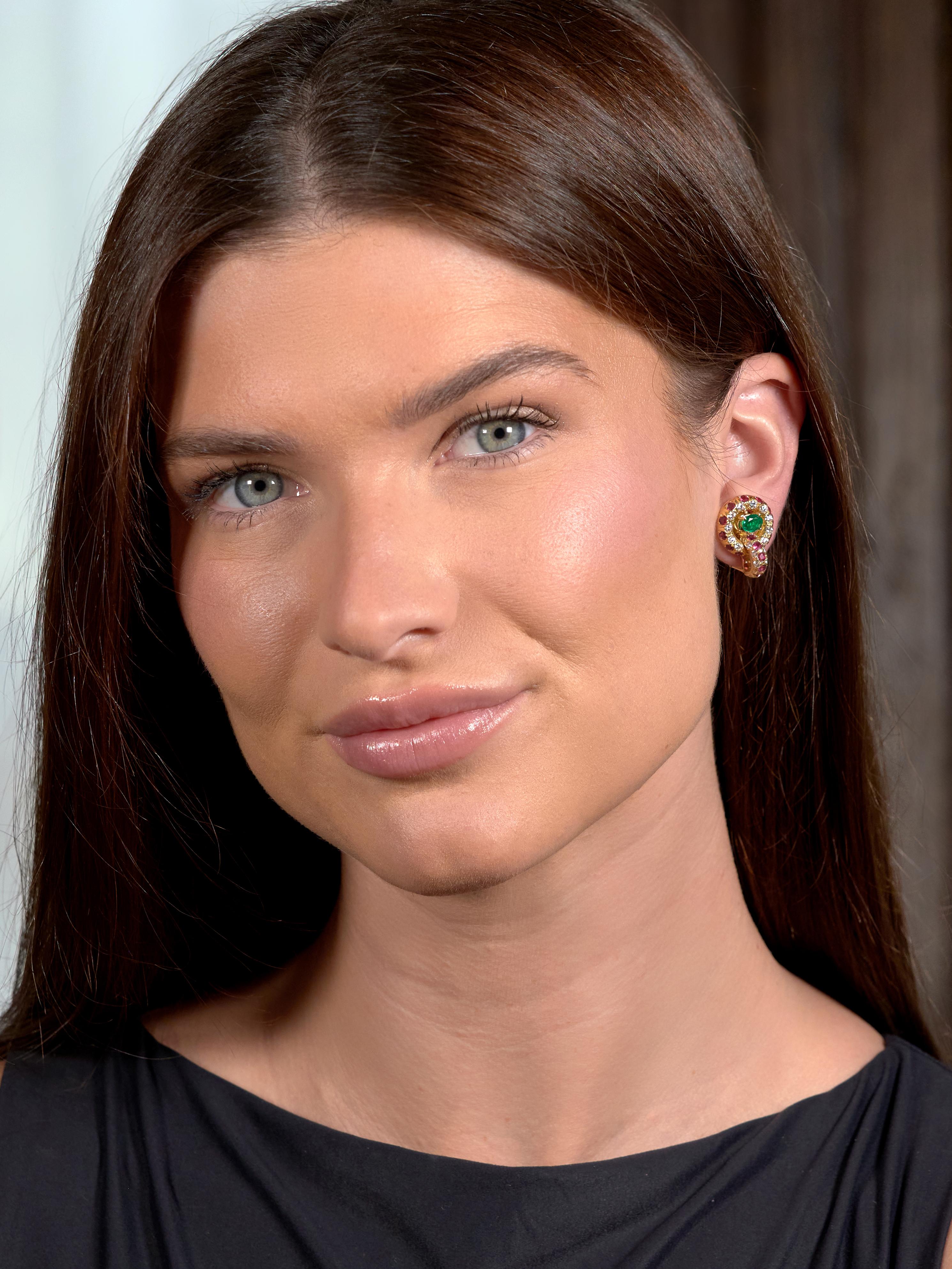 1980's Ruby Emerald Diamond 18K Gold Vintage Door-Knocker Ear-Clip Earrings