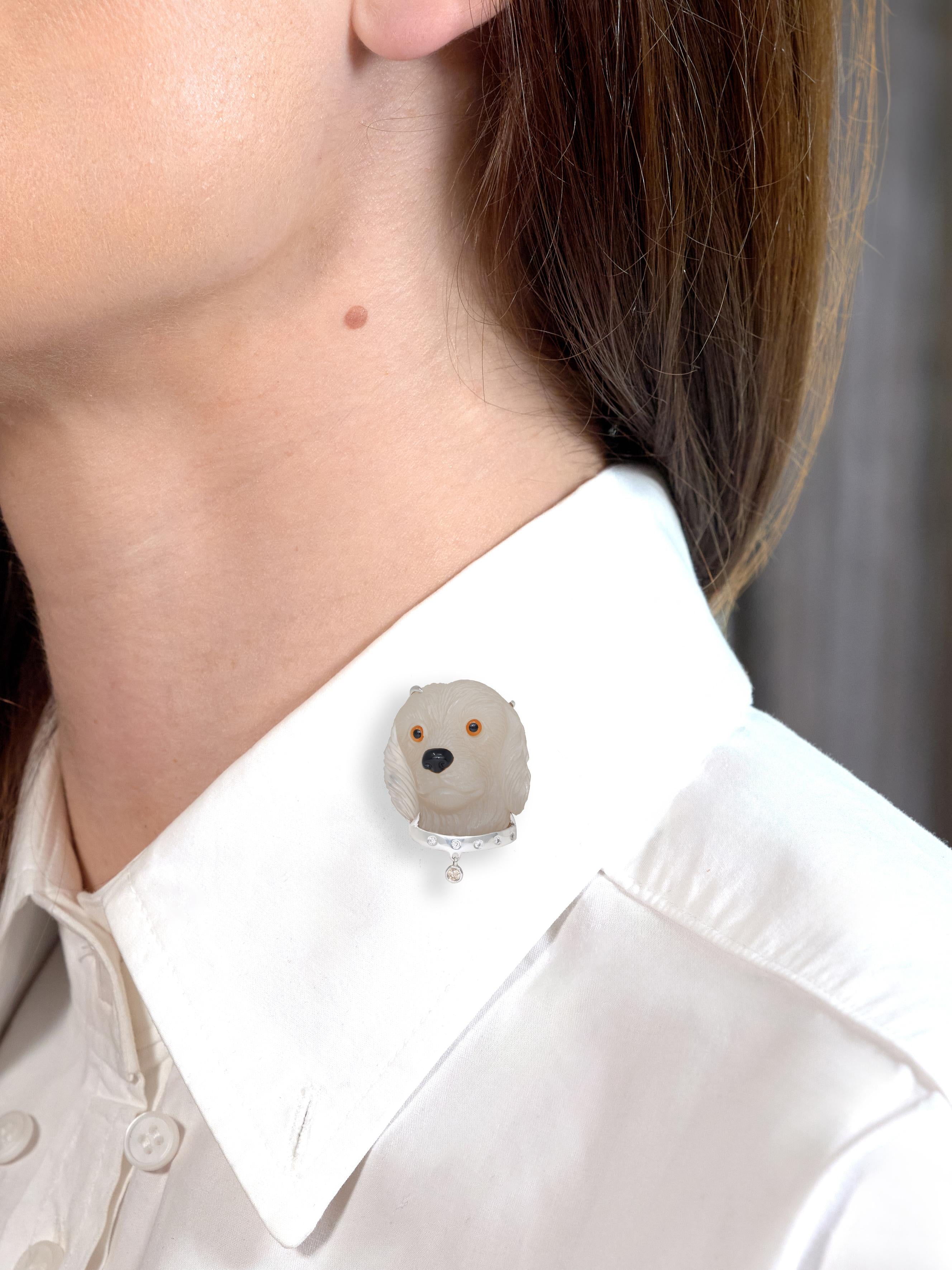 Contemporary Diamond Crystal Quartz 18 Karat White Gold Labrador Dog Brooch