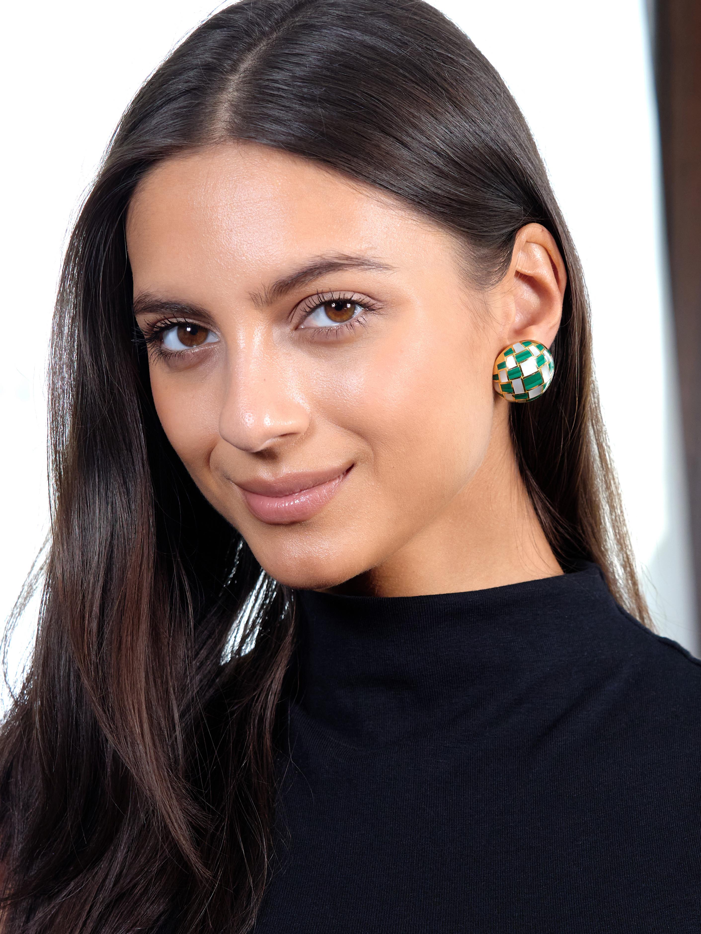 Tiffany & Co. 1980s Malachite Pearl Inlay 18K Gold Vintage Checkerboard Earrings