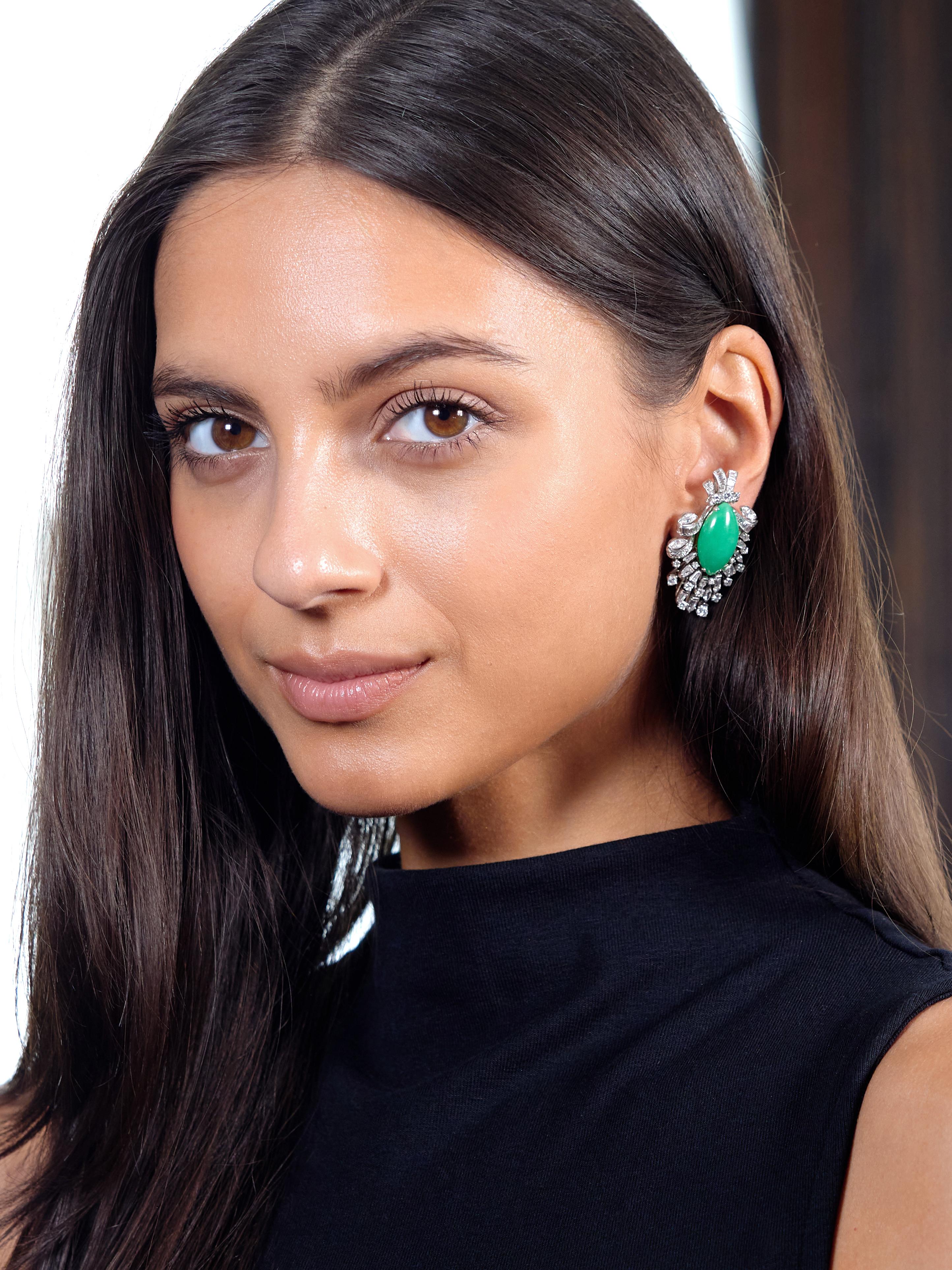 J.E. Caldwell Mid-Century Jade Diamond Platinum Vintage Spray Ear-Clip Earrings