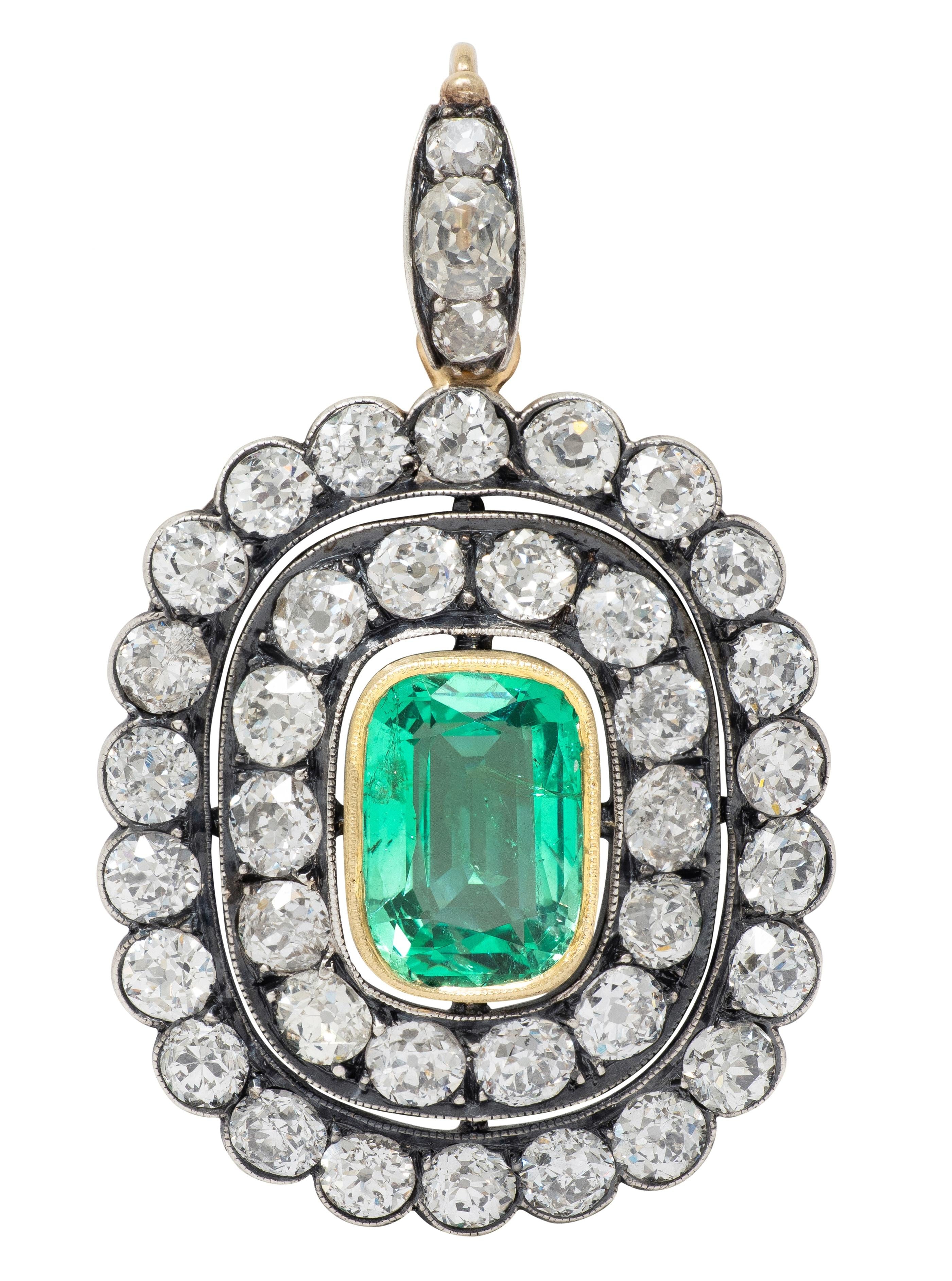 Victorian 8.72 CTW Emerald Diamond Silver 14K Yellow Gold Antique Halo Pendant