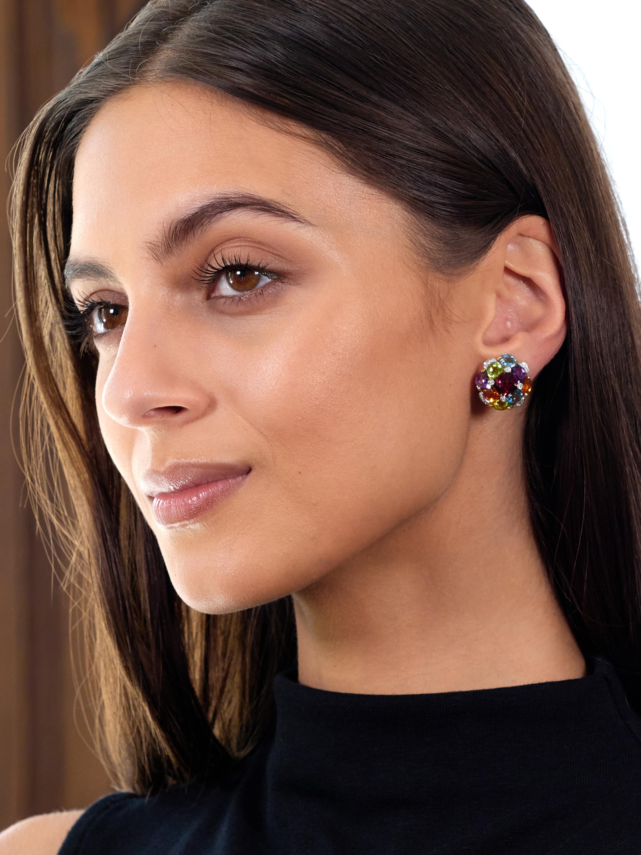 Contemporary Multi-Gem Diamond 18K Gold Checkerboard Cluster Ear-Clip Earrings