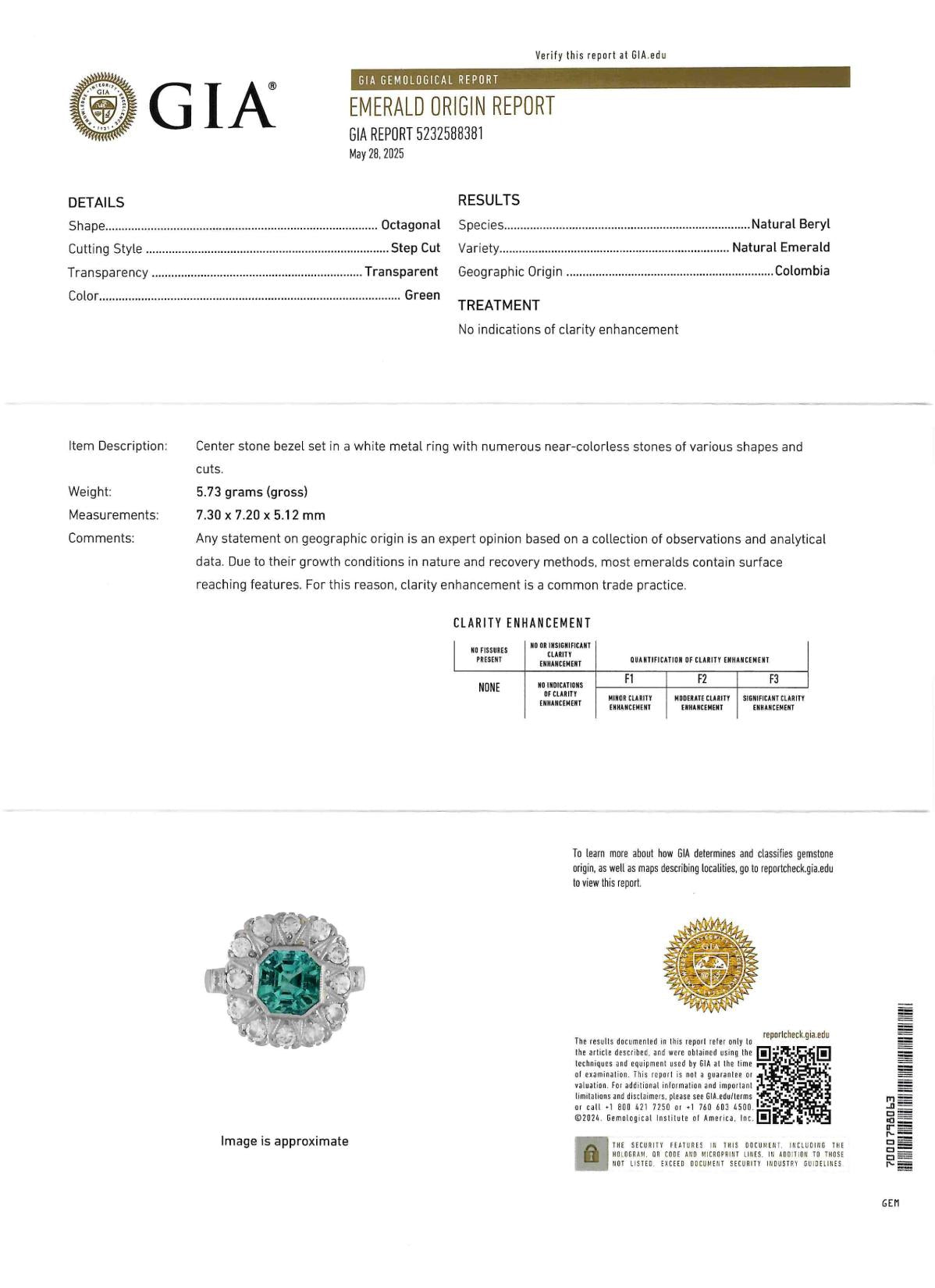 Art Deco 3.05 CTW No Oil Colombian Emerald Diamond Platinum Vintage Halo Ring