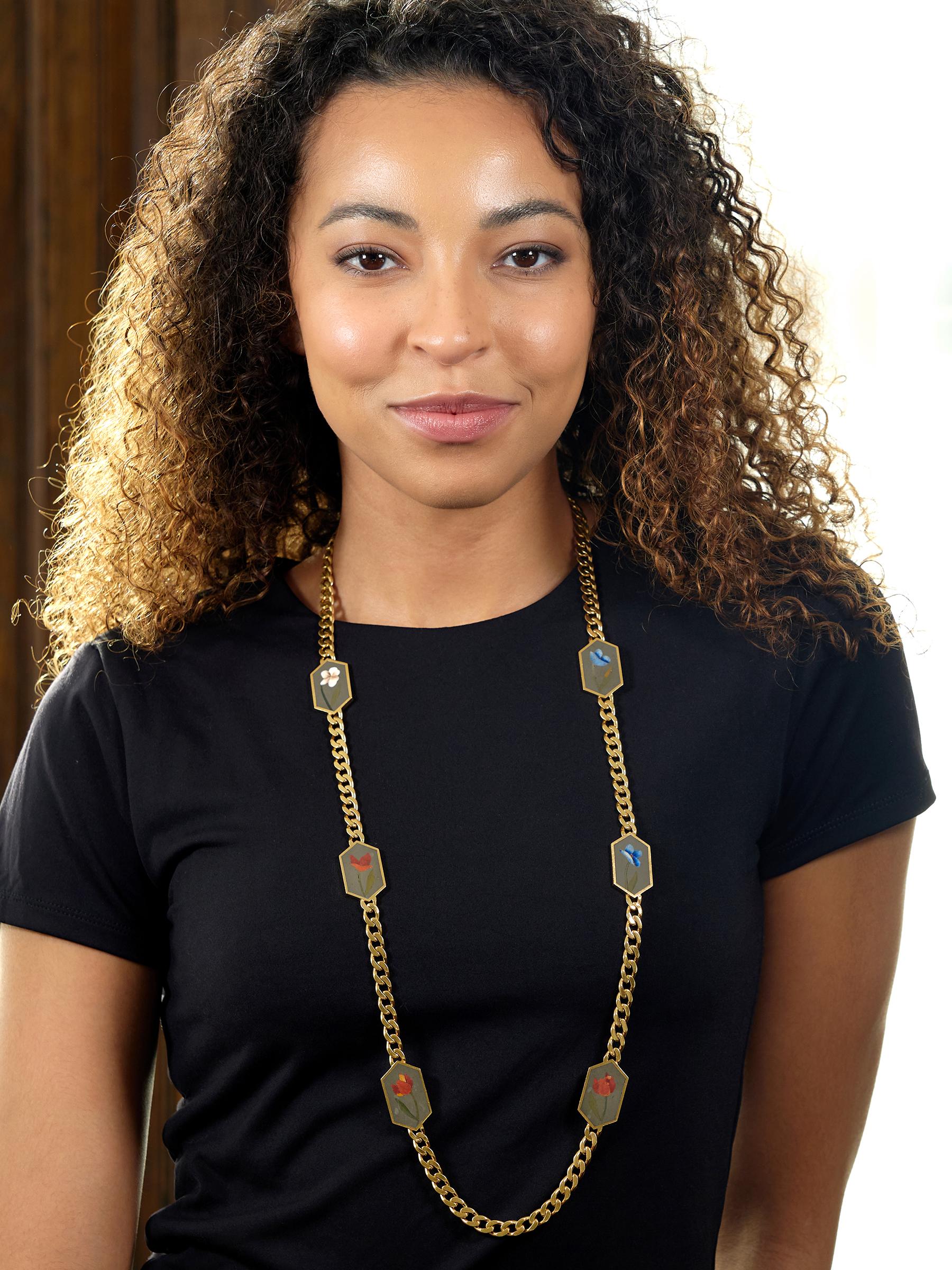 Bulgari 1970's Inlay Multi-Gem 18K Gold Vintage Curb Link Chain Floral Necklace