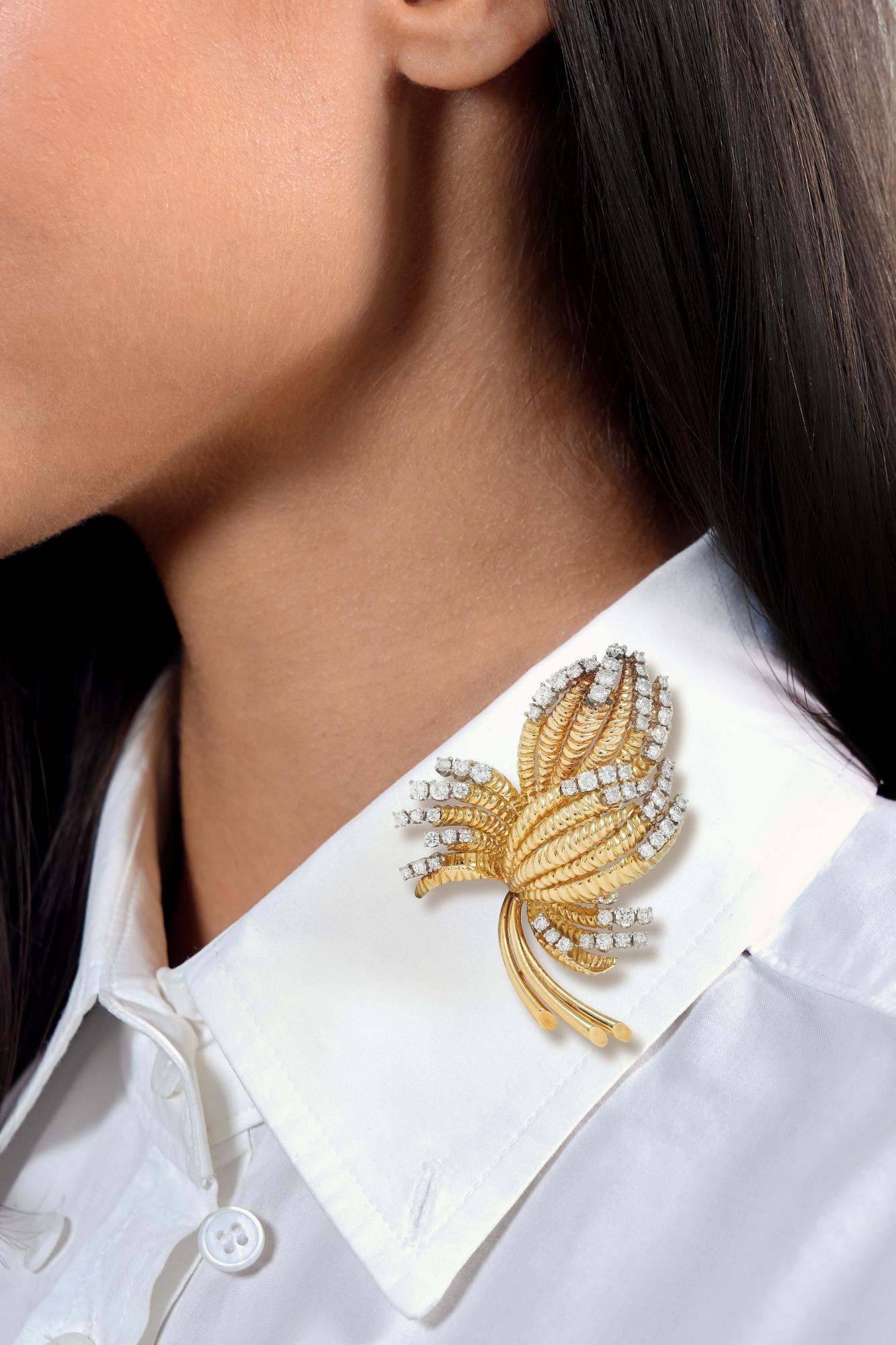 Tiffany & Co. Mid-Century Diamond Platinum 18K Yellow Gold Vintage Leaf Brooch