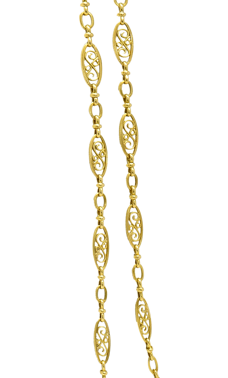 Victorian French 18 Karat Yellow Gold Scrolling Navette Link 40 IN Long Antique Chain Necklace Wilson's Estate Jewelry