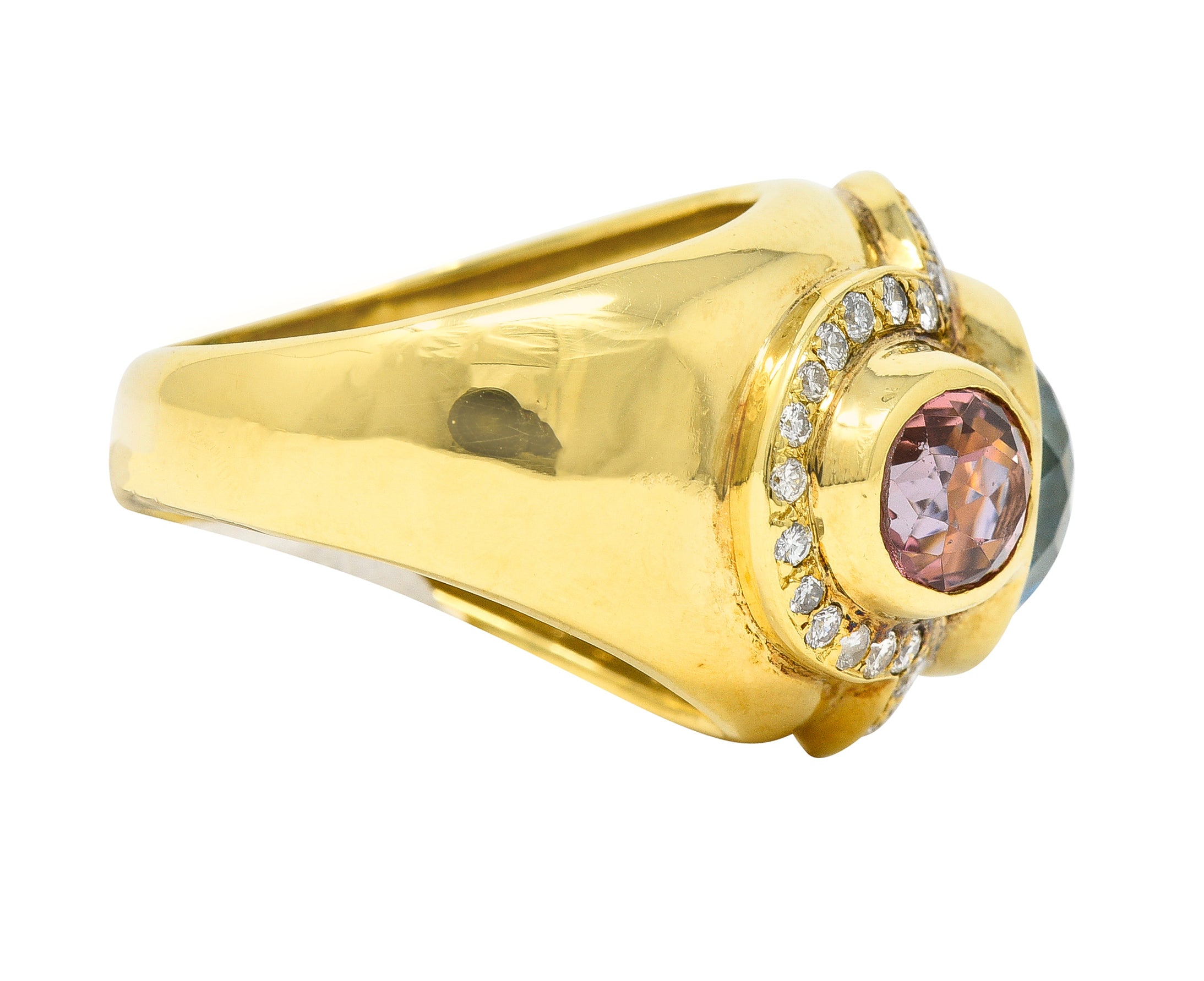 1980s 11.27 CTW Topaz Tourmaline Heliodor Diamond 18 Karat Yellow Gold Vintage Three Stone Cocktail Ring Wilson's Estate Jewelry