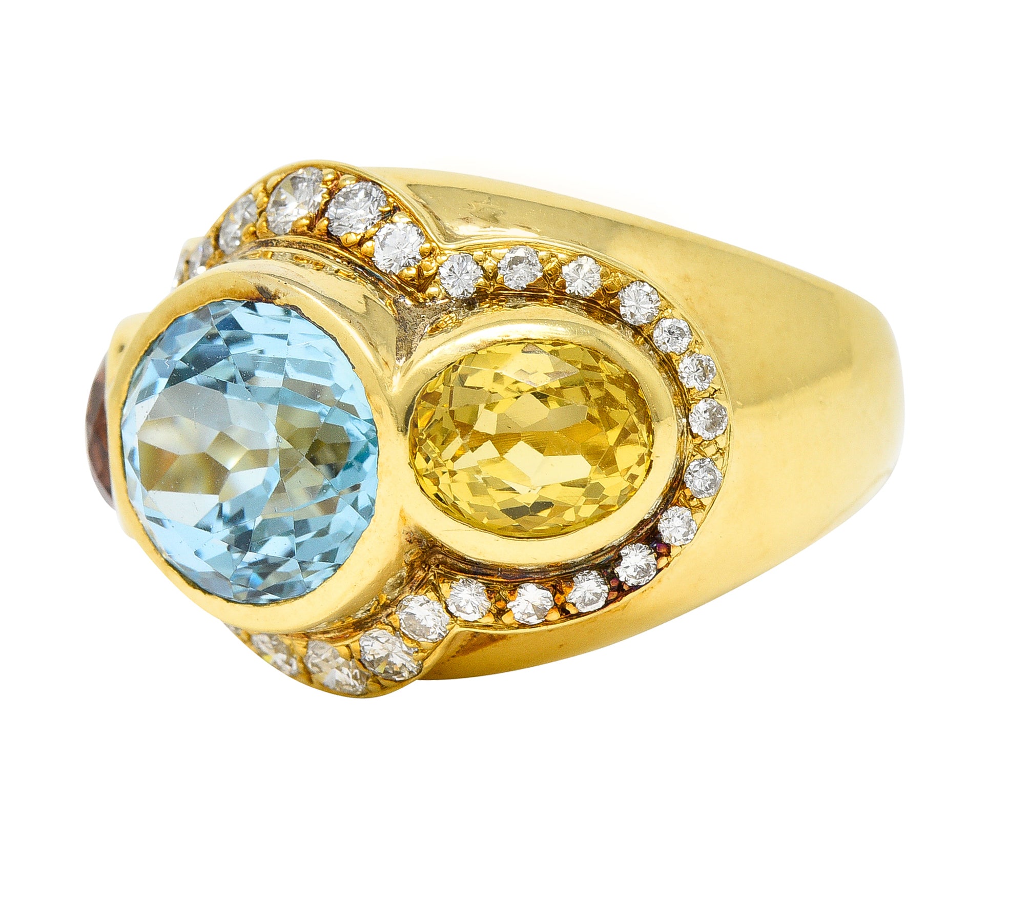 1980s 11.27 CTW Topaz Tourmaline Heliodor Diamond 18 Karat Yellow Gold Vintage Three Stone Cocktail Ring Wilson's Estate Jewelry