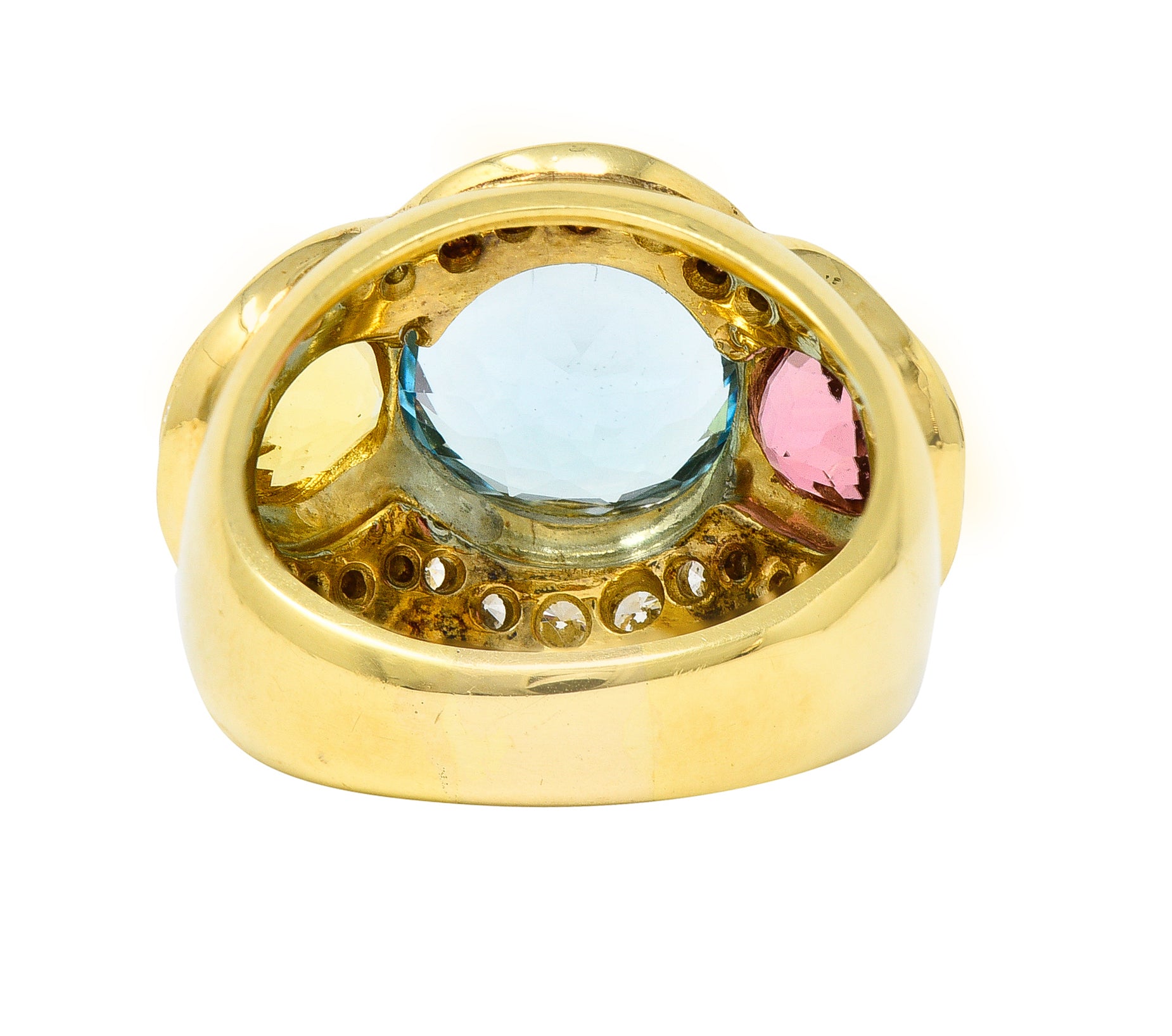 1980s 11.27 CTW Topaz Tourmaline Heliodor Diamond 18 Karat Yellow Gold Vintage Three Stone Cocktail Ring Wilson's Estate Jewelry