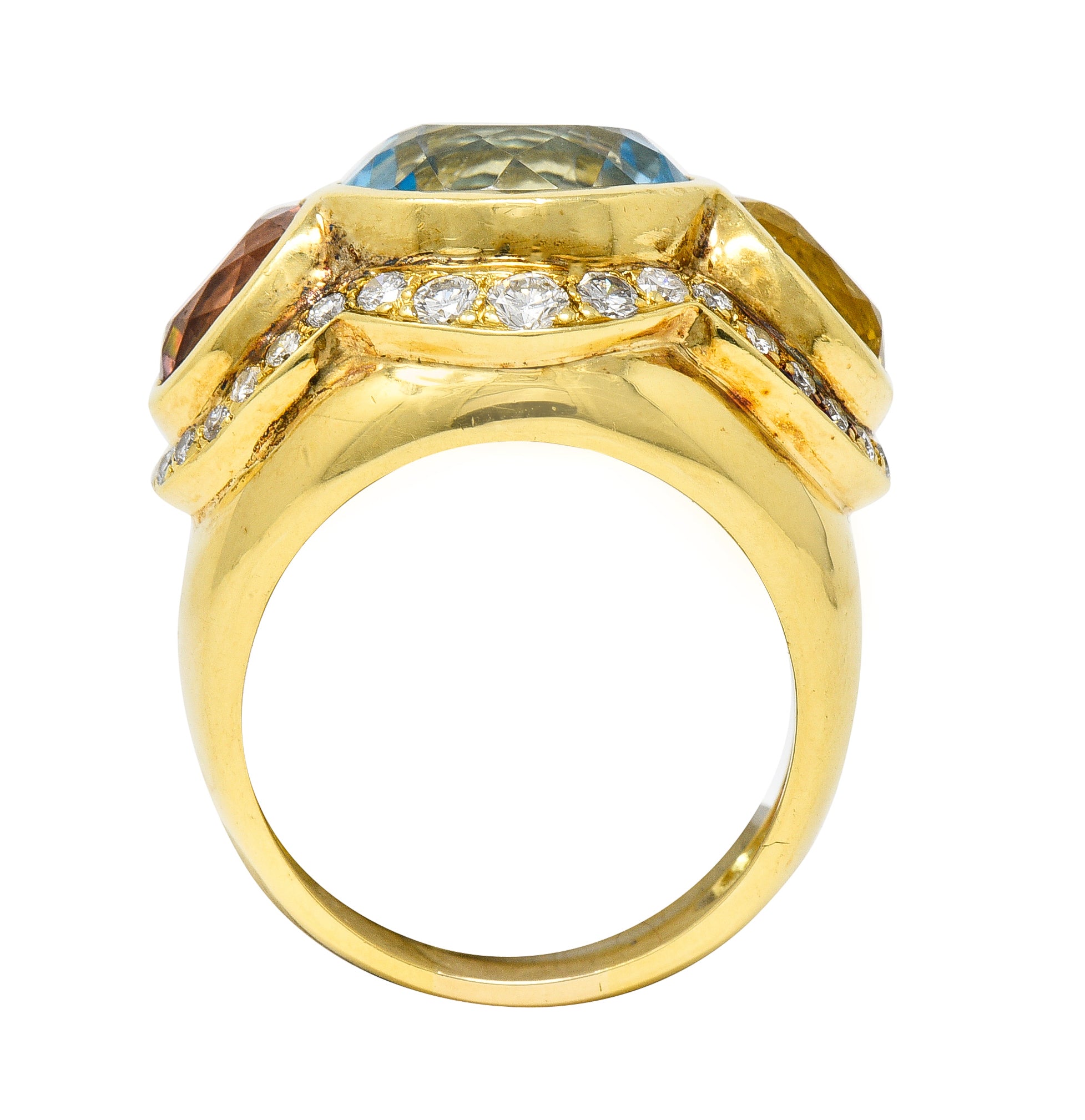 1980s 11.27 CTW Topaz Tourmaline Heliodor Diamond 18 Karat Yellow Gold Vintage Three Stone Cocktail Ring Wilson's Estate Jewelry