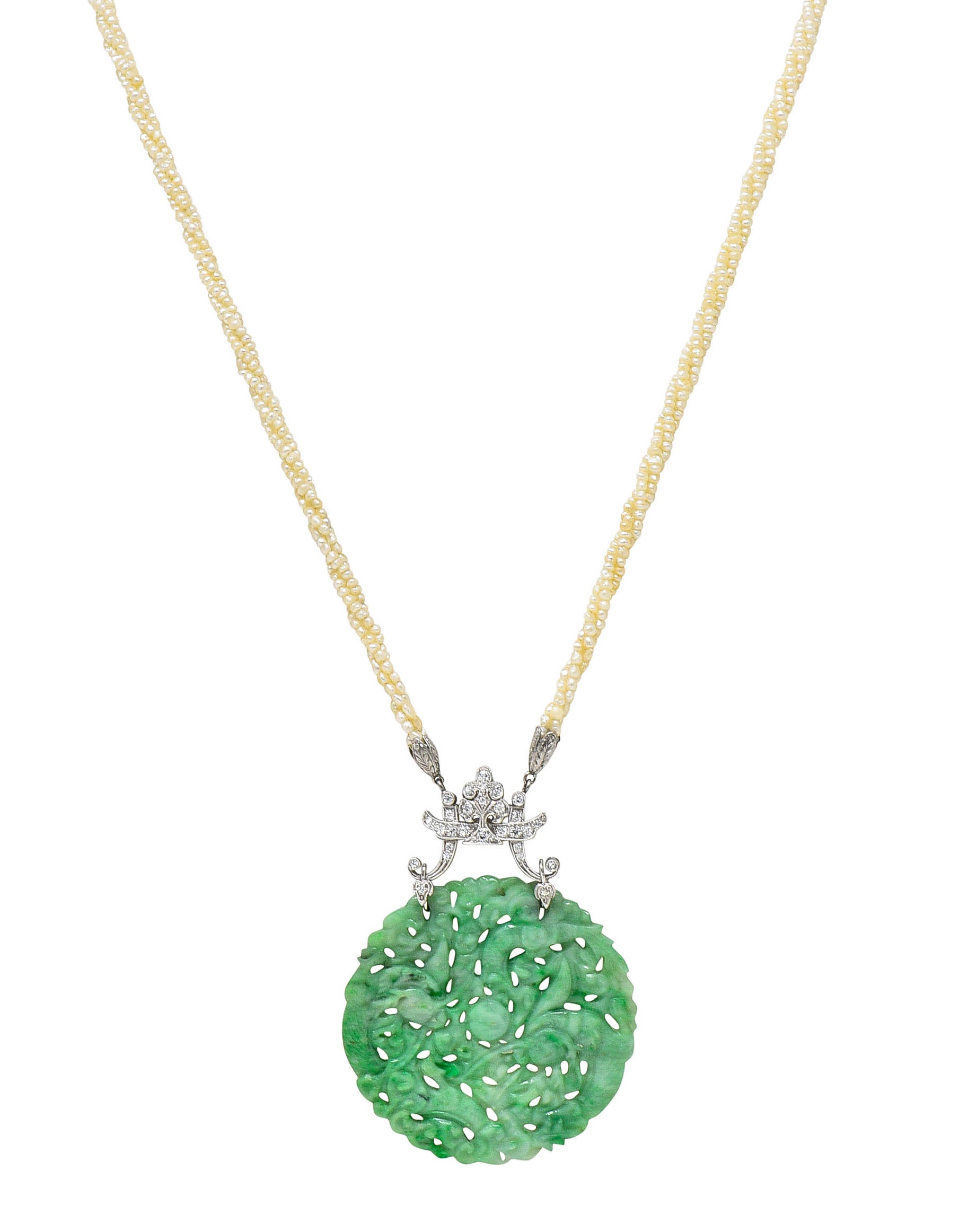 Tiffany & Co. Art Deco Substantial Carved Jade Dragon Seed Pearl Diamond Platinum Sautoir Pendant NecklaceNecklace - Wilson's Estate Jewelry