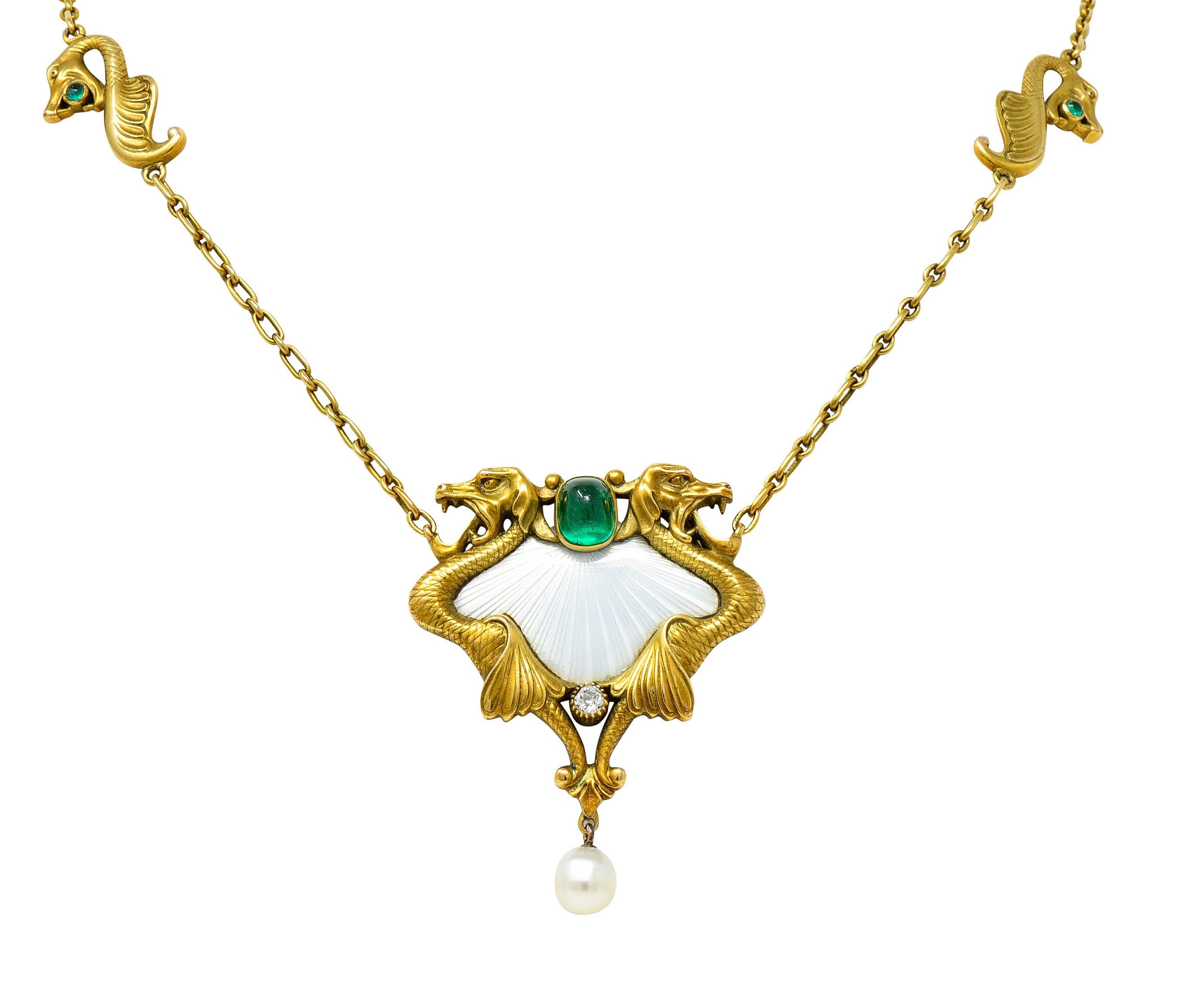 Art Nouveau Diamond Emerald Enamel Pearl 14 Karat Yellow Gold Serpent Necklace