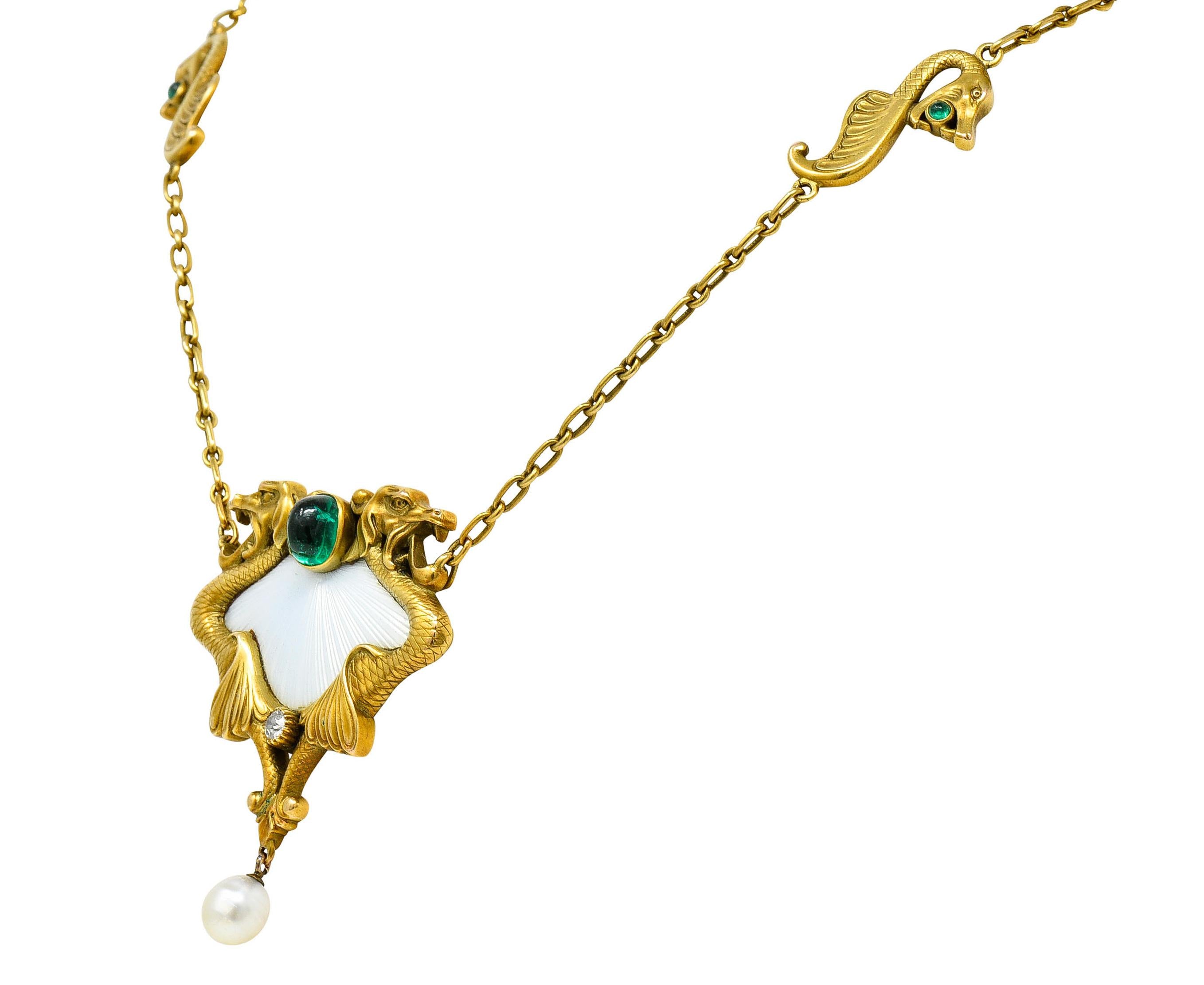 Art Nouveau Diamond Emerald Enamel Pearl 14 Karat Yellow Gold Serpent Necklace