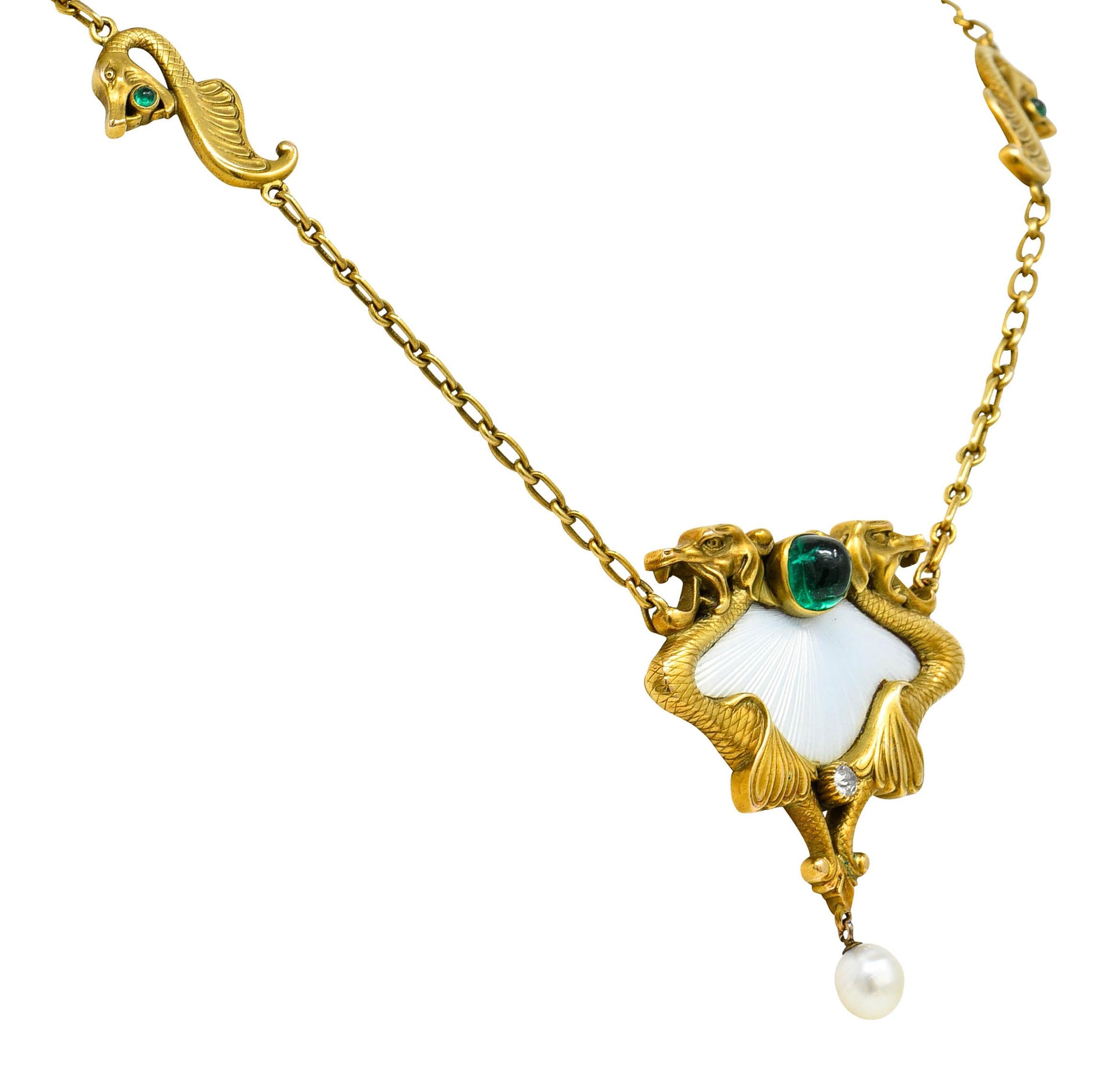 Art Nouveau Diamond Emerald Enamel Pearl 14 Karat Yellow Gold Serpent Necklace
