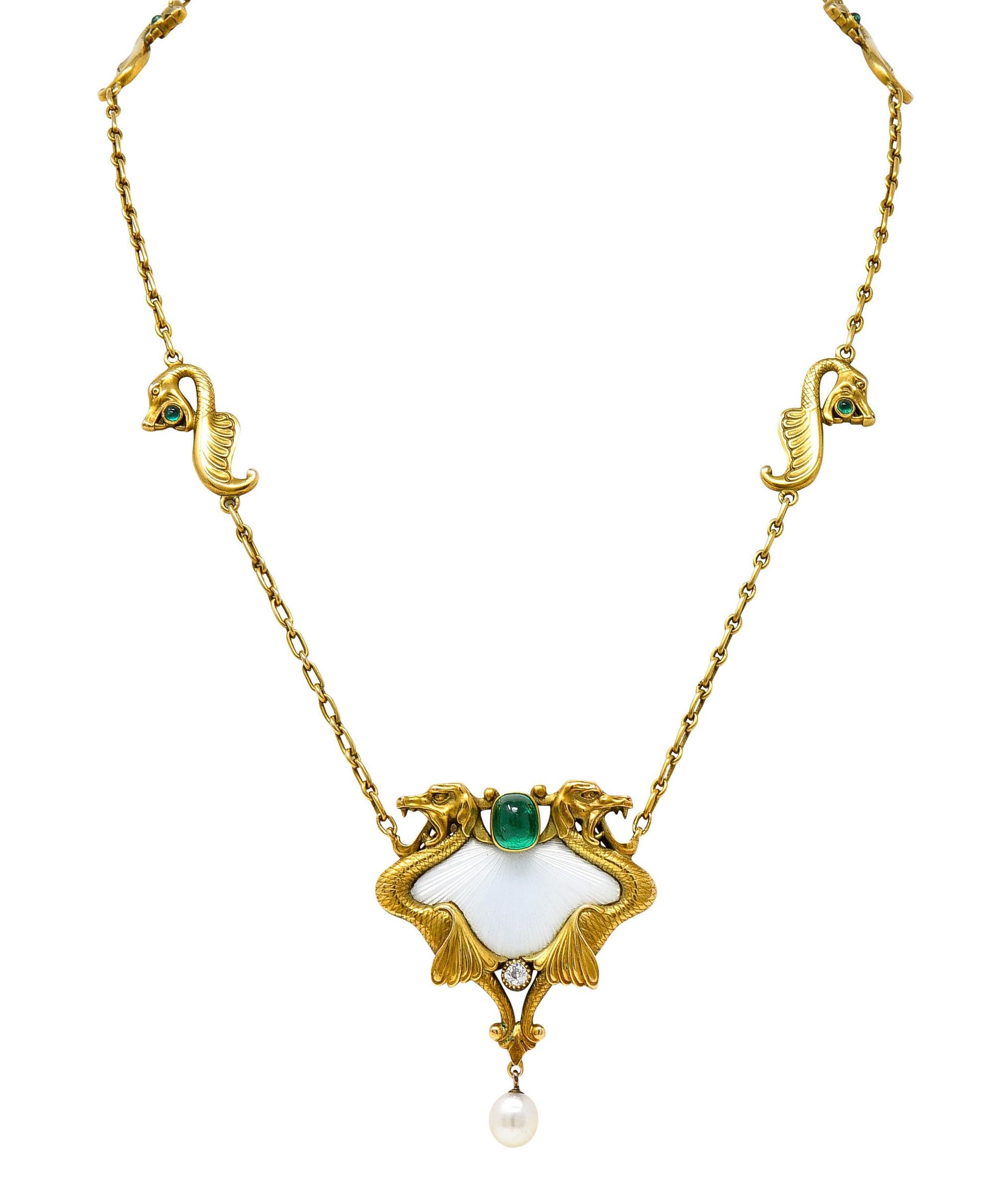 Art Nouveau Diamond Emerald Enamel Pearl 14 Karat Yellow Gold Serpent Necklace