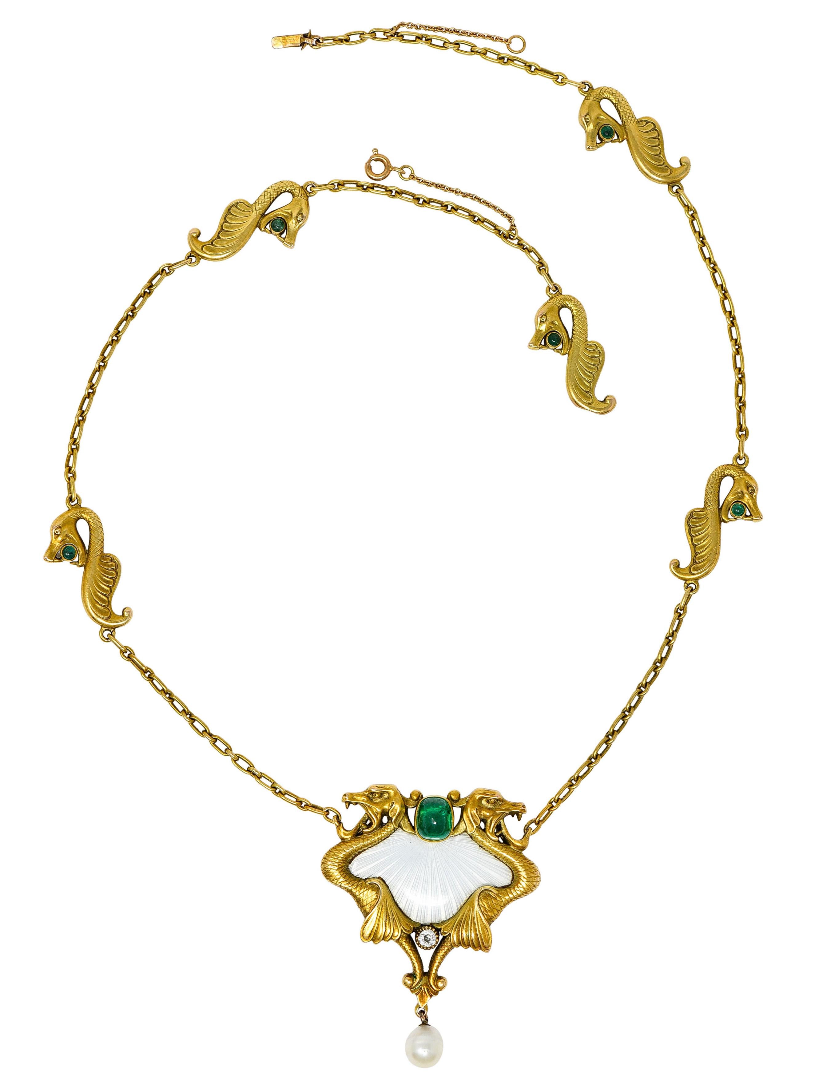 Art Nouveau Diamond Emerald Enamel Pearl 14 Karat Yellow Gold Serpent Necklace