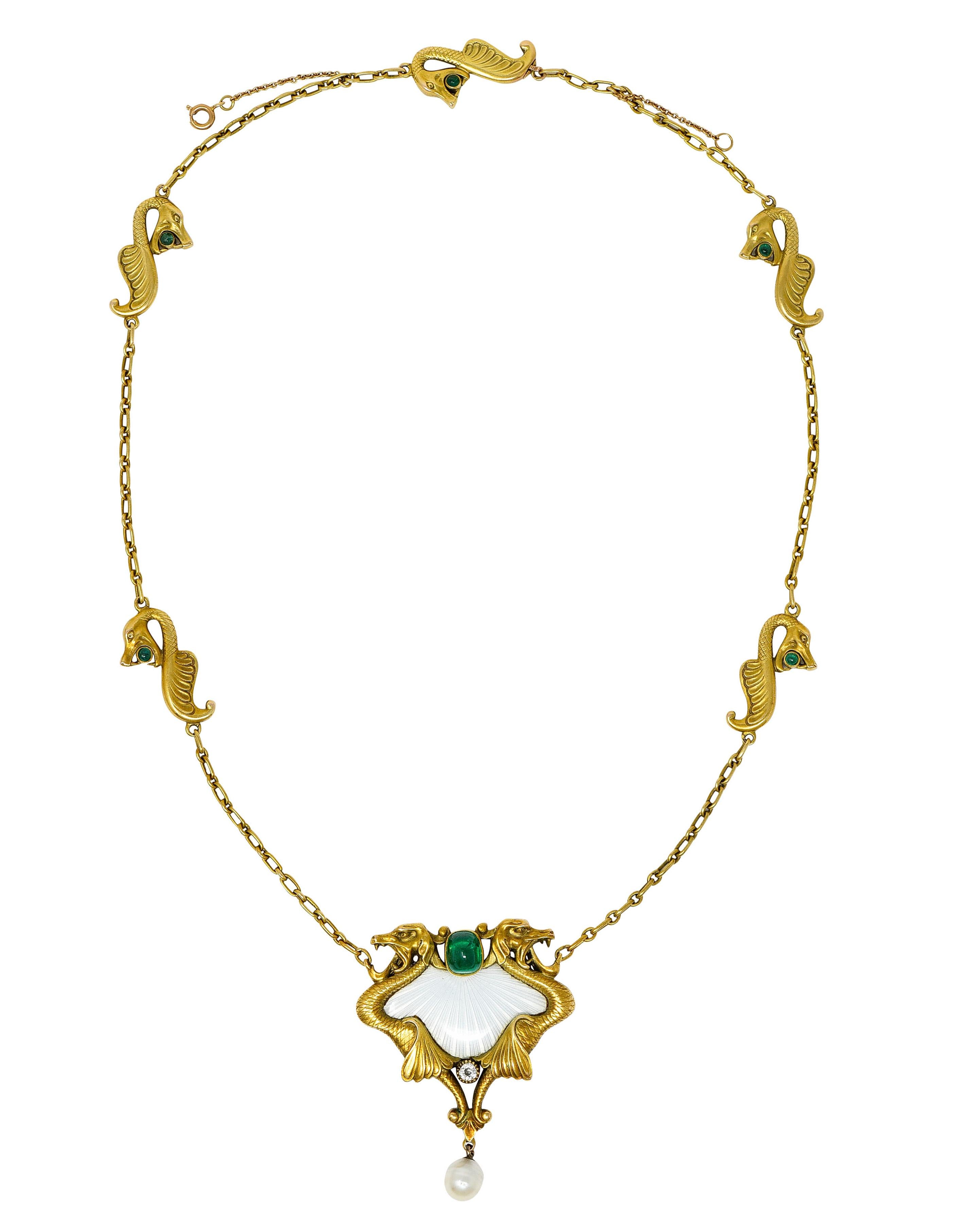 Art Nouveau Diamond Emerald Enamel Pearl 14 Karat Yellow Gold Serpent Necklace