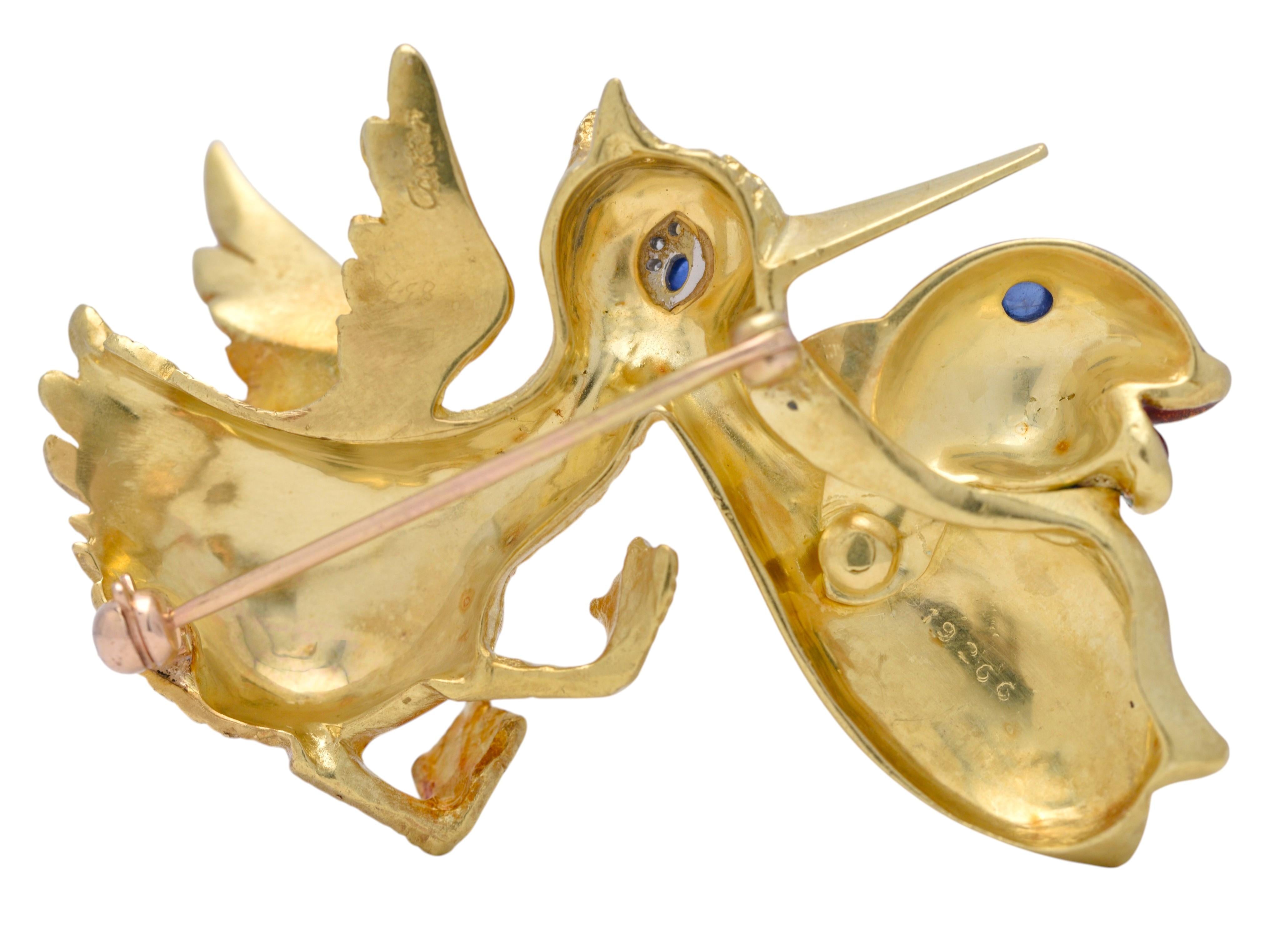 Cartier 1960 Enamel 18K Gold Platinum Vintage Whimsical Pelican Bird Fish Brooch