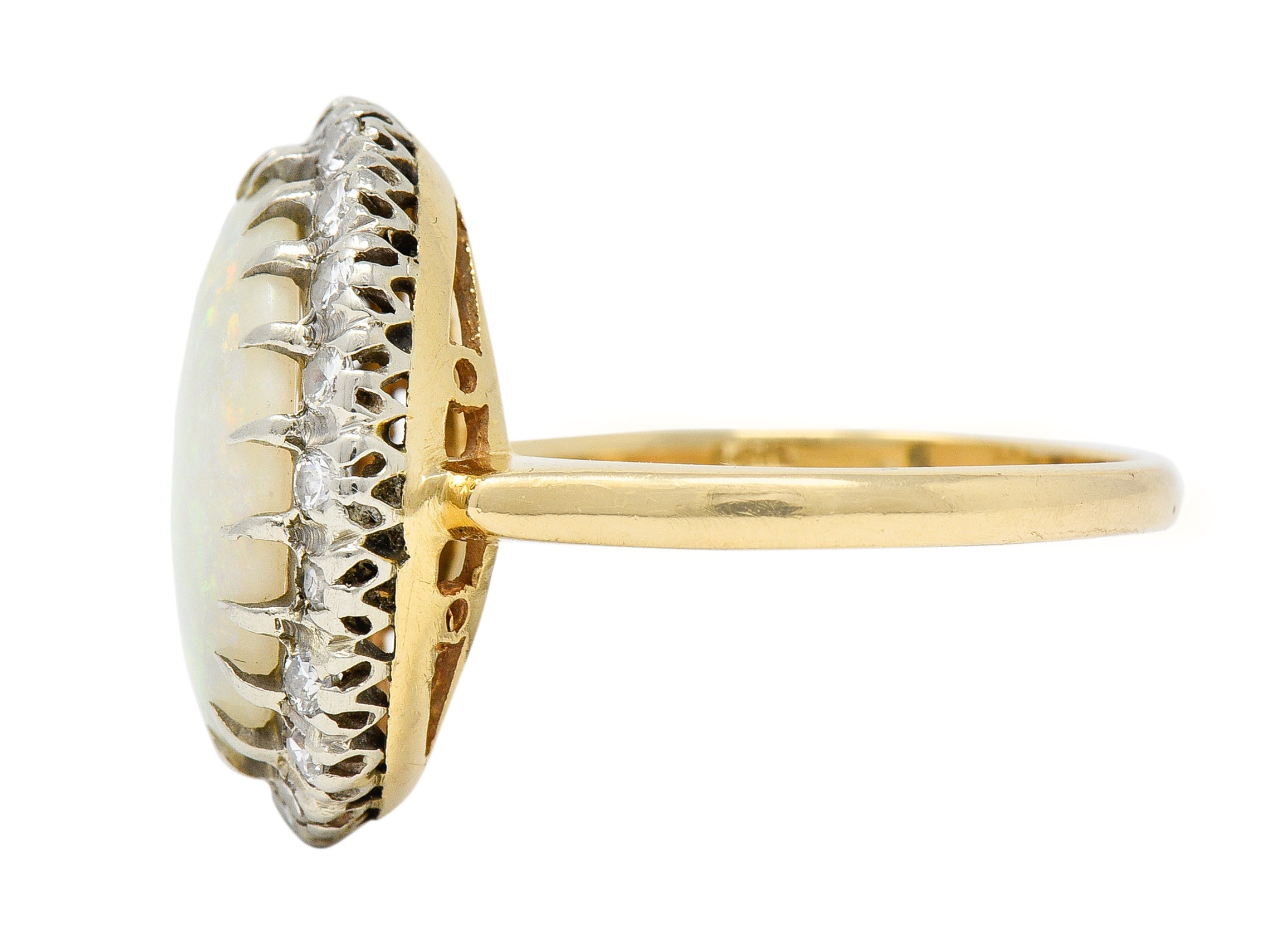 Edwardian Diamond Opal Cabochon Platinum-Topped 14 Karat Yellow Gold Antique Halo Ring Wilson's Estate Jewelry