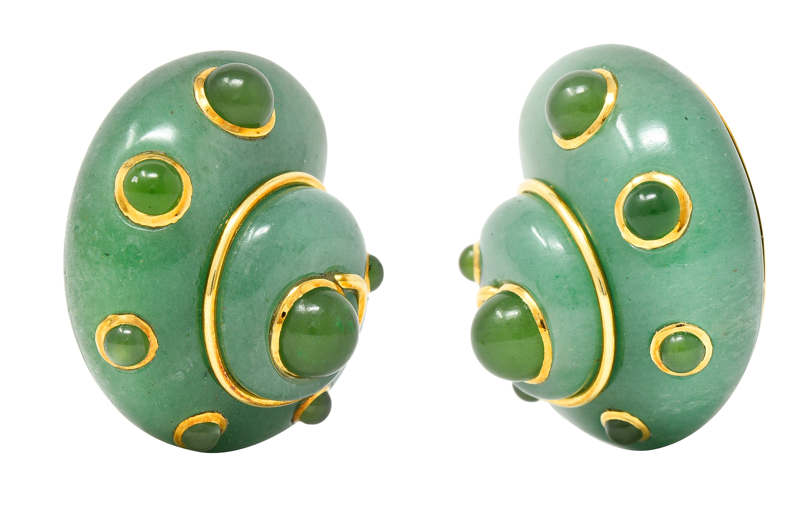 Verdura 1980's Carved Aventurine Nephrite Jade Cabochon 18 Karat Yellow Gold Sea Shell Vintage Earrings Wilson's Estate Jewelry