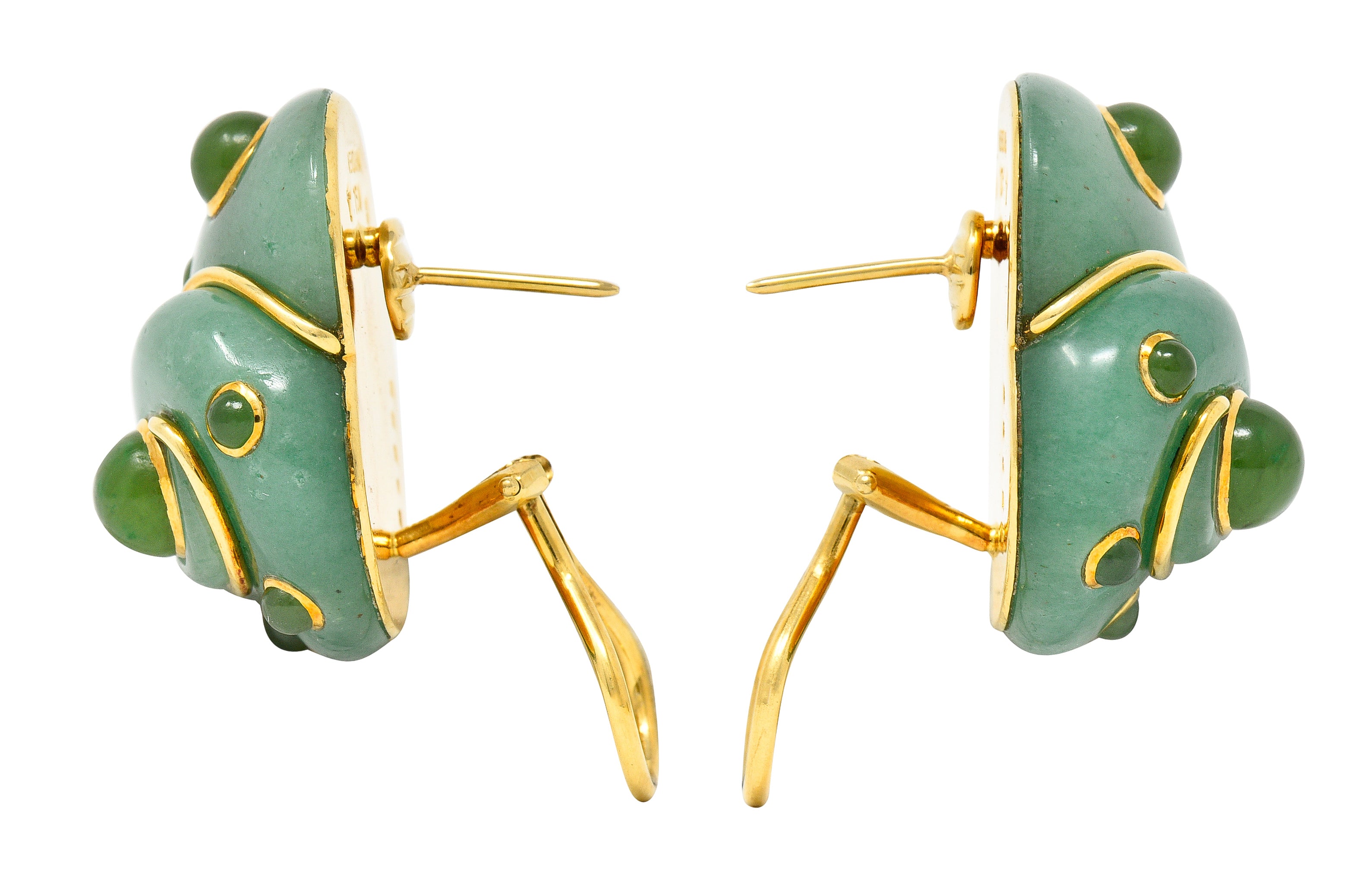Verdura 1980's Carved Aventurine Nephrite Jade Cabochon 18 Karat Yellow Gold Sea Shell Vintage Earrings Wilson's Estate Jewelry