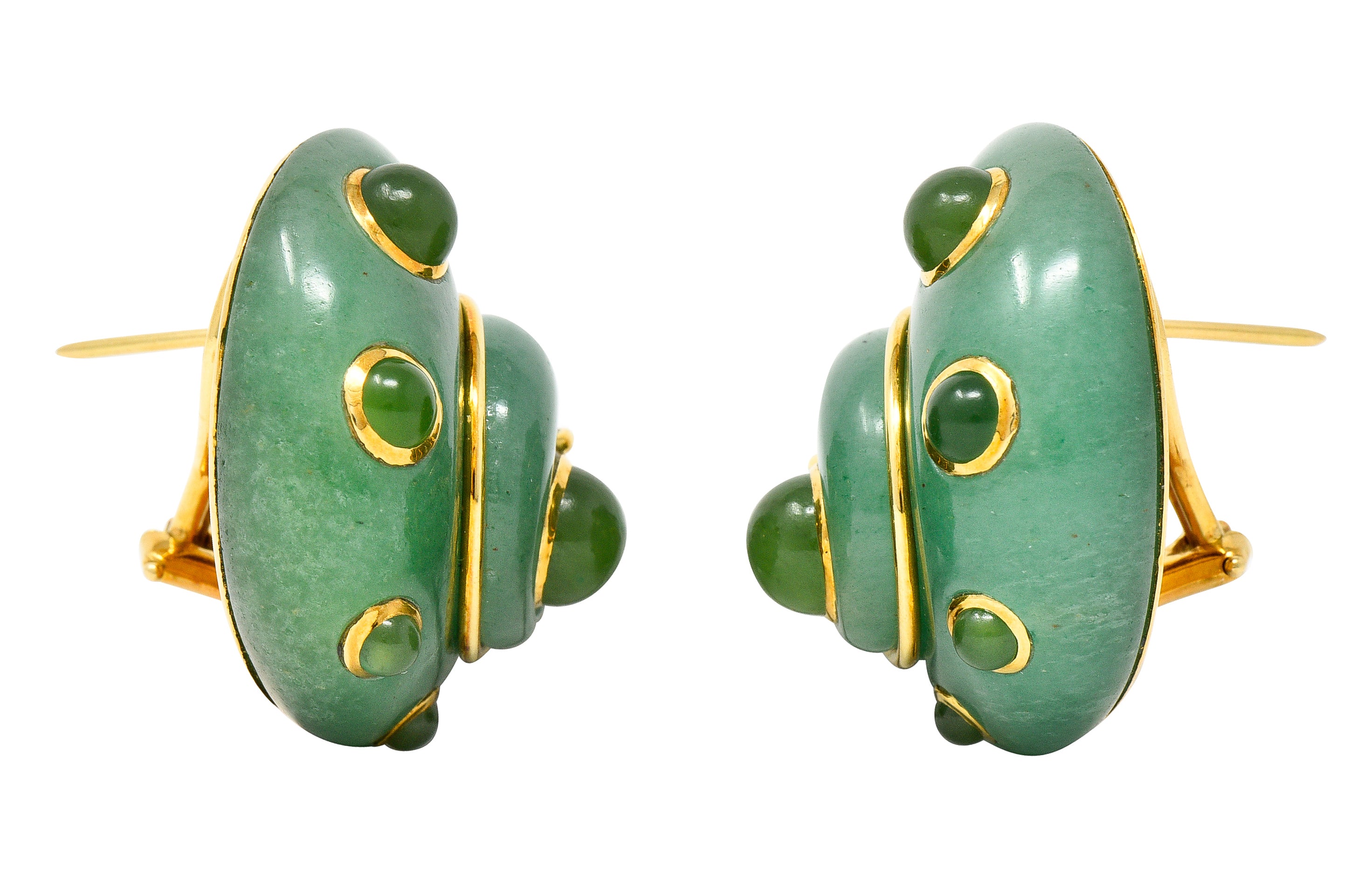 Verdura 1980's Carved Aventurine Nephrite Jade Cabochon 18 Karat Yellow Gold Sea Shell Vintage Earrings Wilson's Estate Jewelry