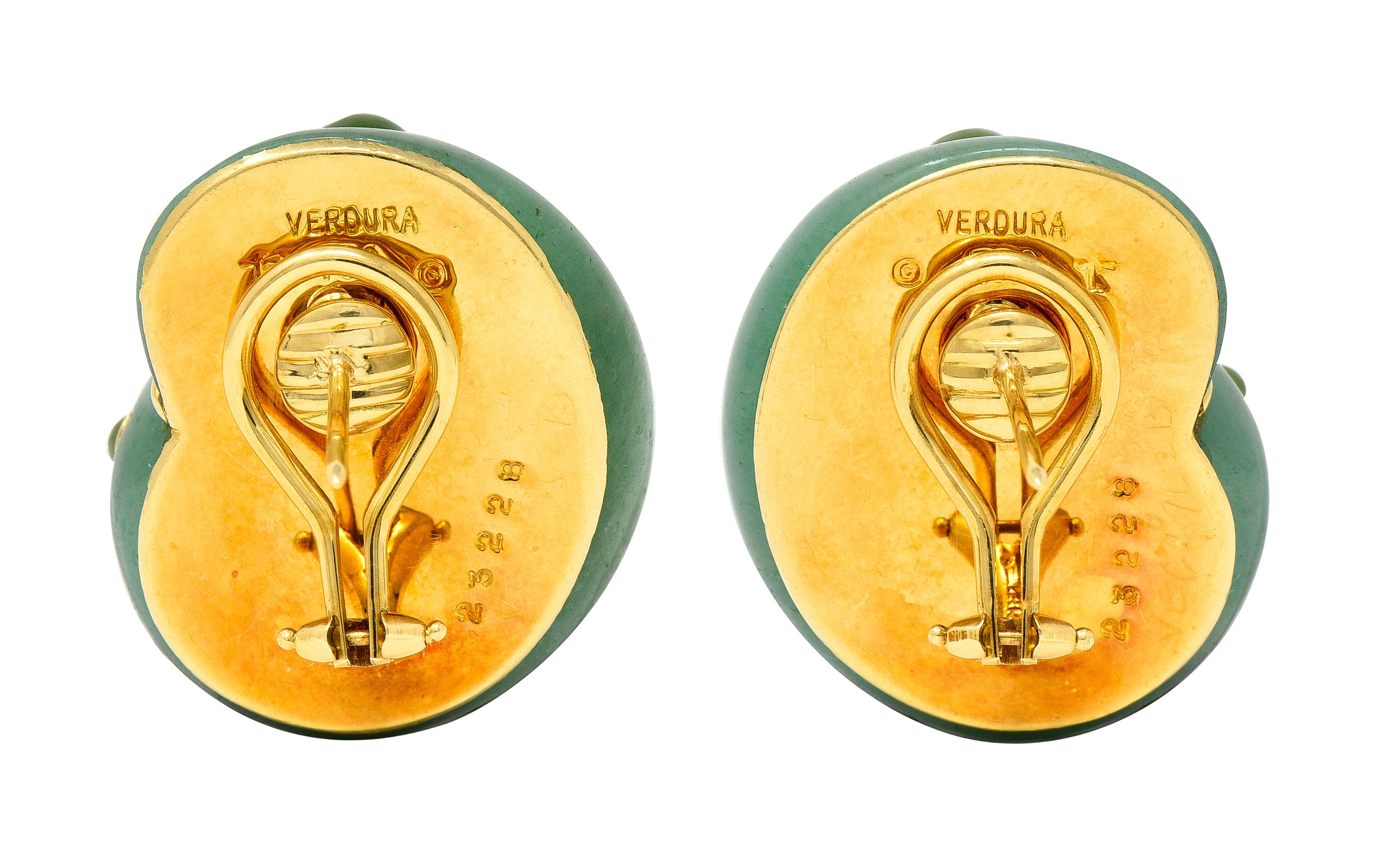 Verdura 1980's Carved Aventurine Nephrite Jade Cabochon 18 Karat Yellow Gold Sea Shell Vintage Earrings Wilson's Estate Jewelry