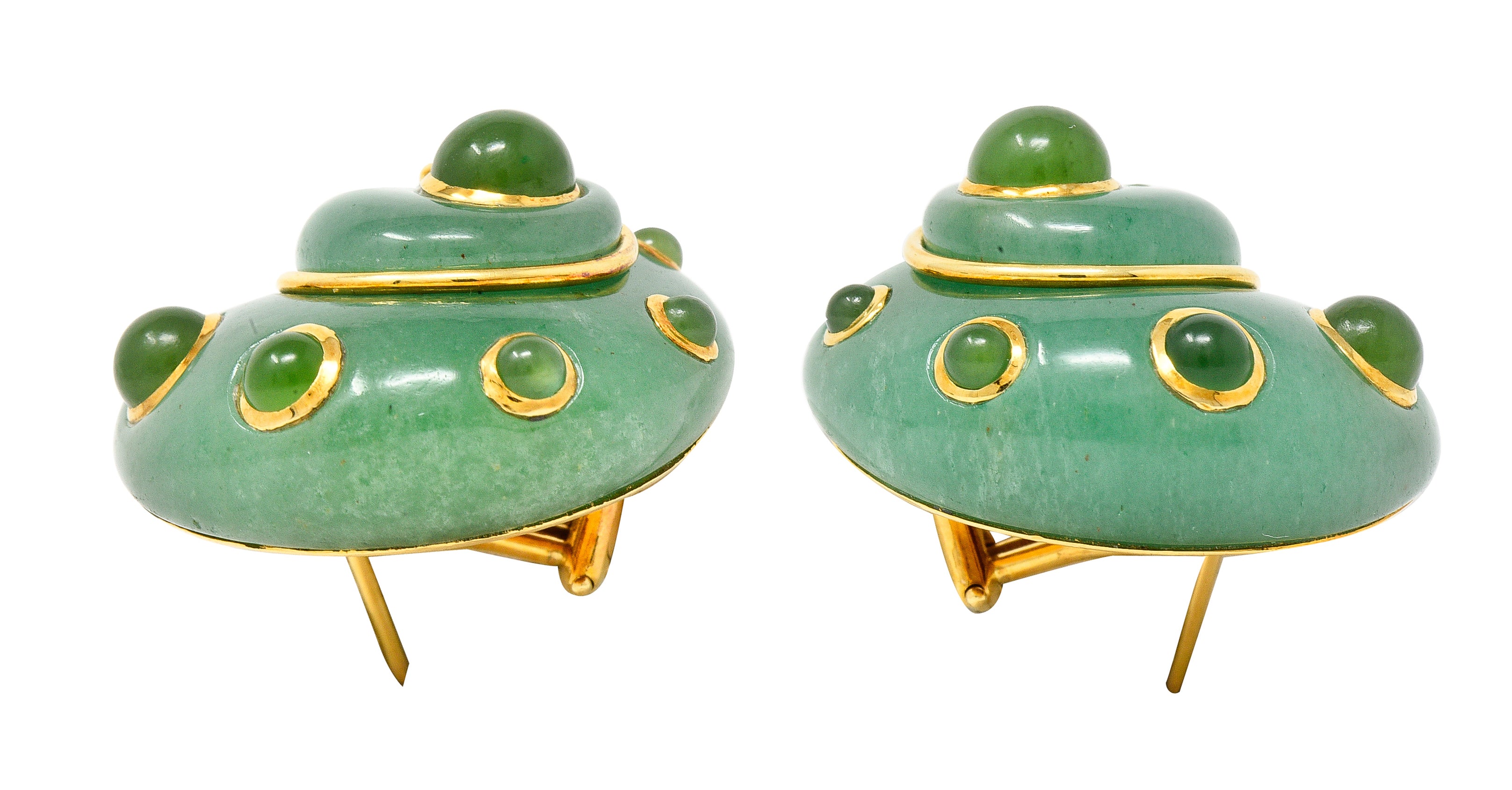 Verdura 1980's Carved Aventurine Nephrite Jade Cabochon 18 Karat Yellow Gold Sea Shell Vintage Earrings Wilson's Estate Jewelry