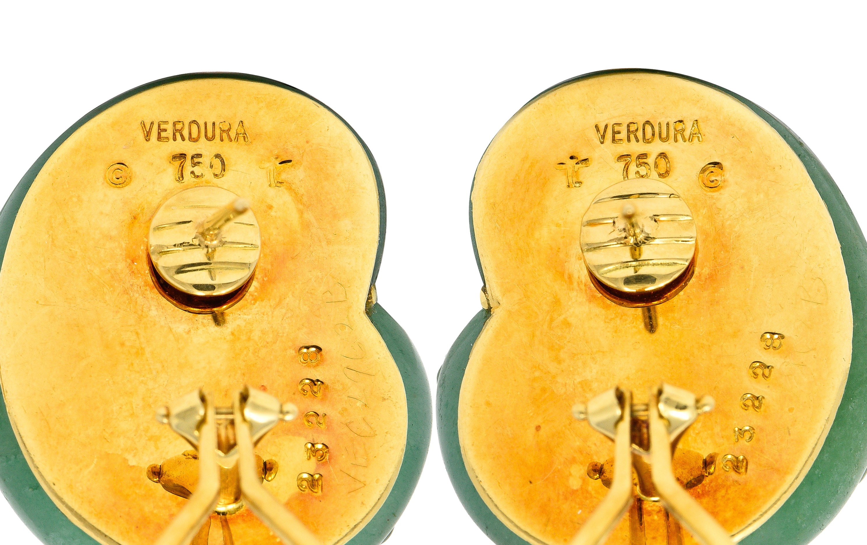 Verdura 1980's Carved Aventurine Nephrite Jade Cabochon 18 Karat Yellow Gold Sea Shell Vintage Earrings Wilson's Estate Jewelry