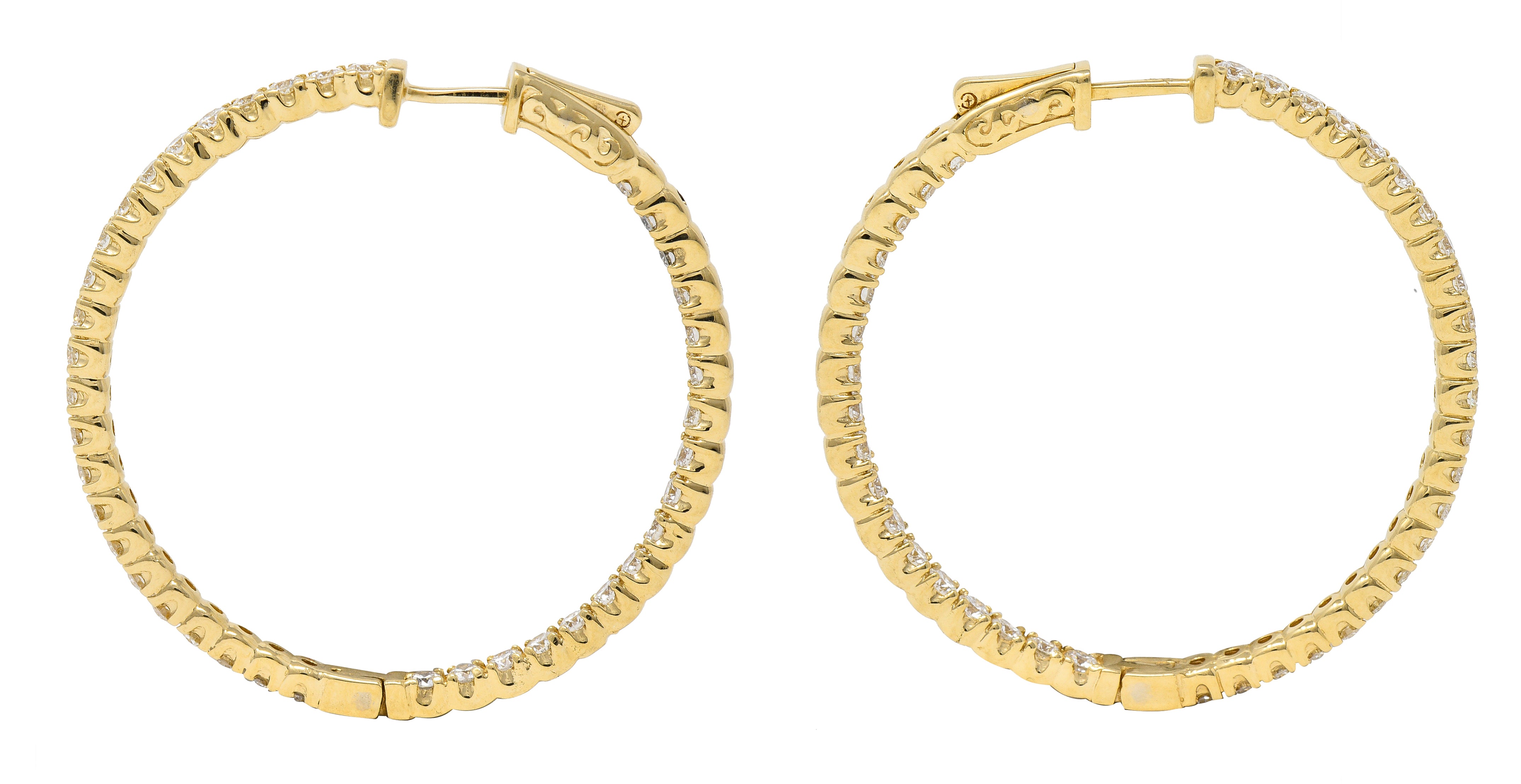 Contemporary 4.00 CTW Diamond 14 Karat Yellow Gold Round Inside Outside Hoop Earrings Wilson's Estate Jewelry