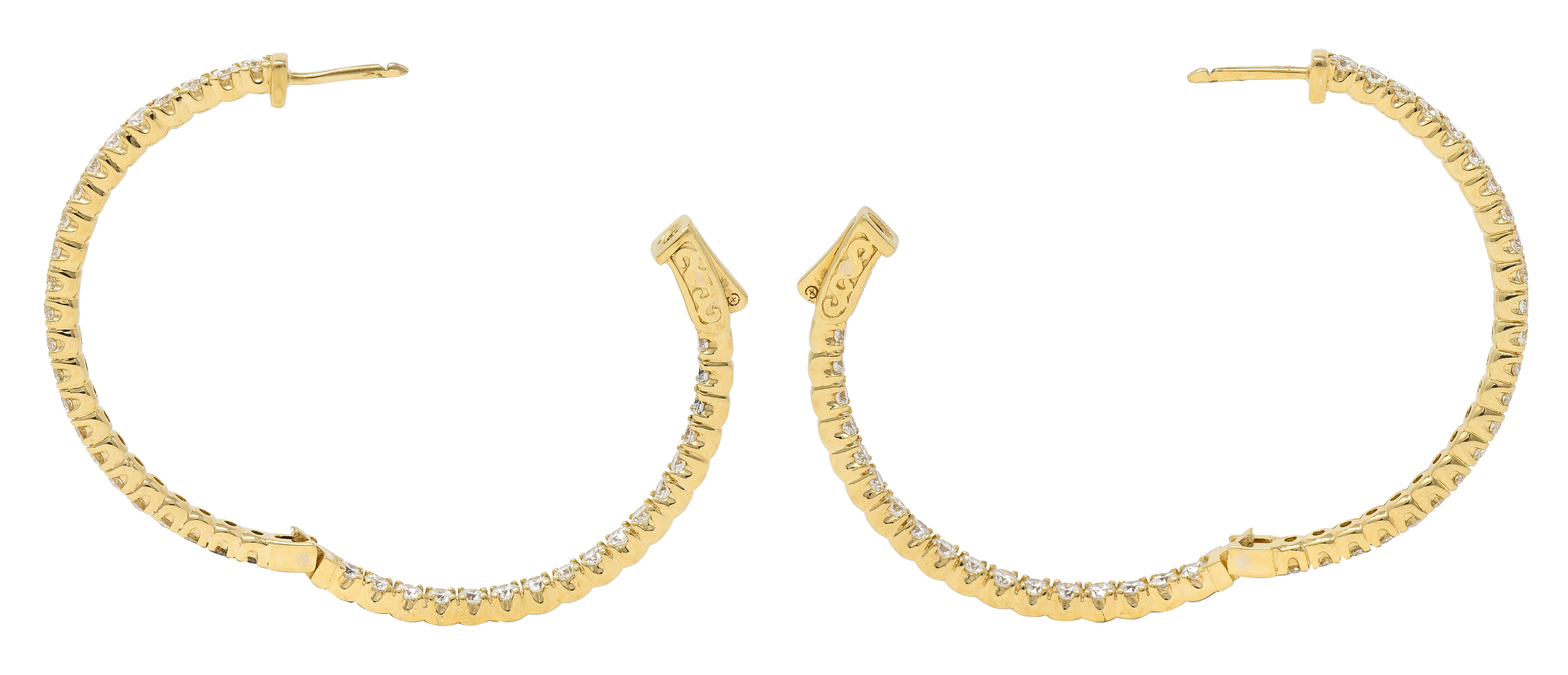 Contemporary 4.00 CTW Diamond 14 Karat Yellow Gold Round Inside Outside Hoop Earrings Wilson's Estate Jewelry
