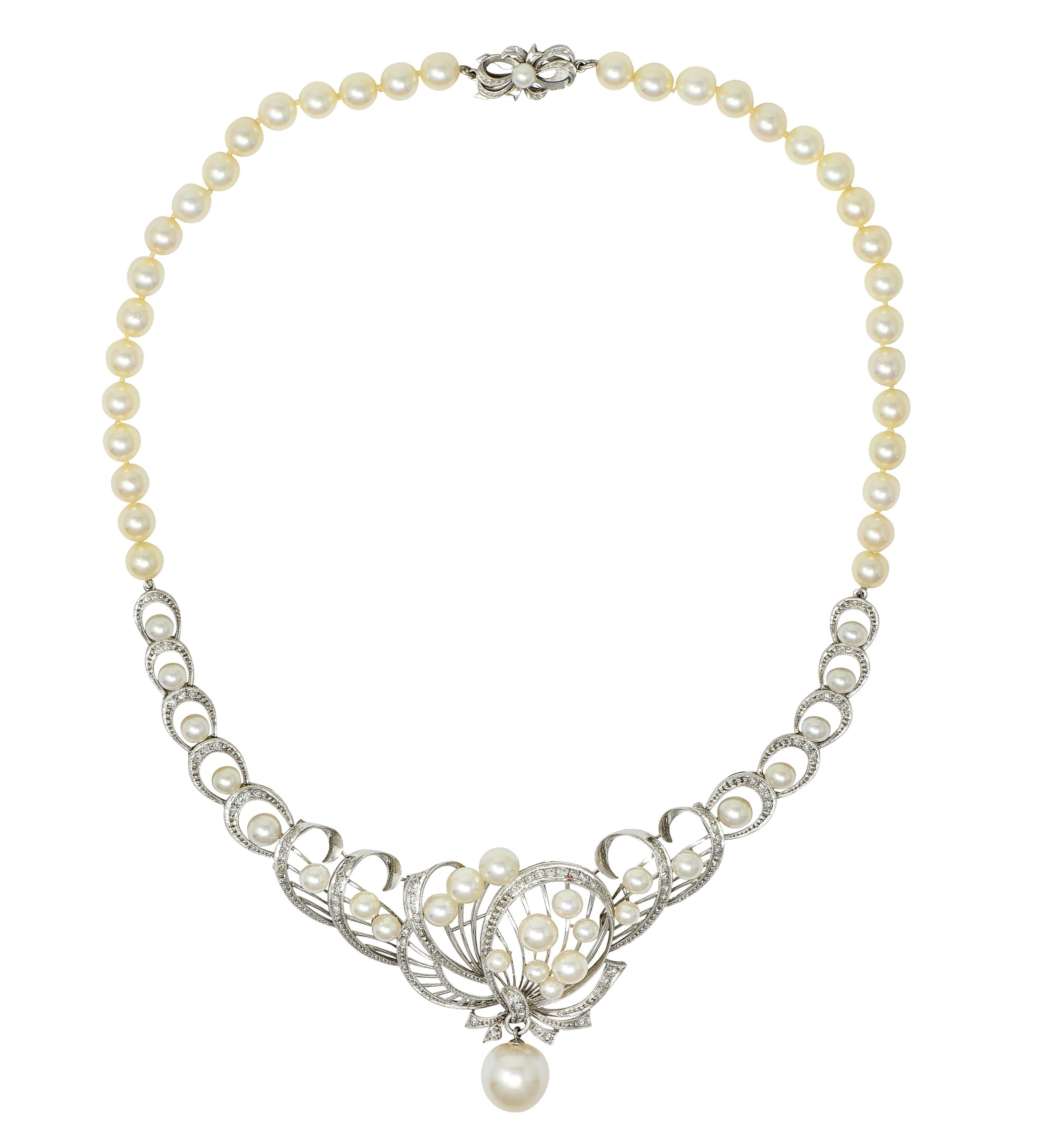 Mikimoto 1950's Diamond Pearl 14 Karat White Gold Fanning Ribbon Necklace