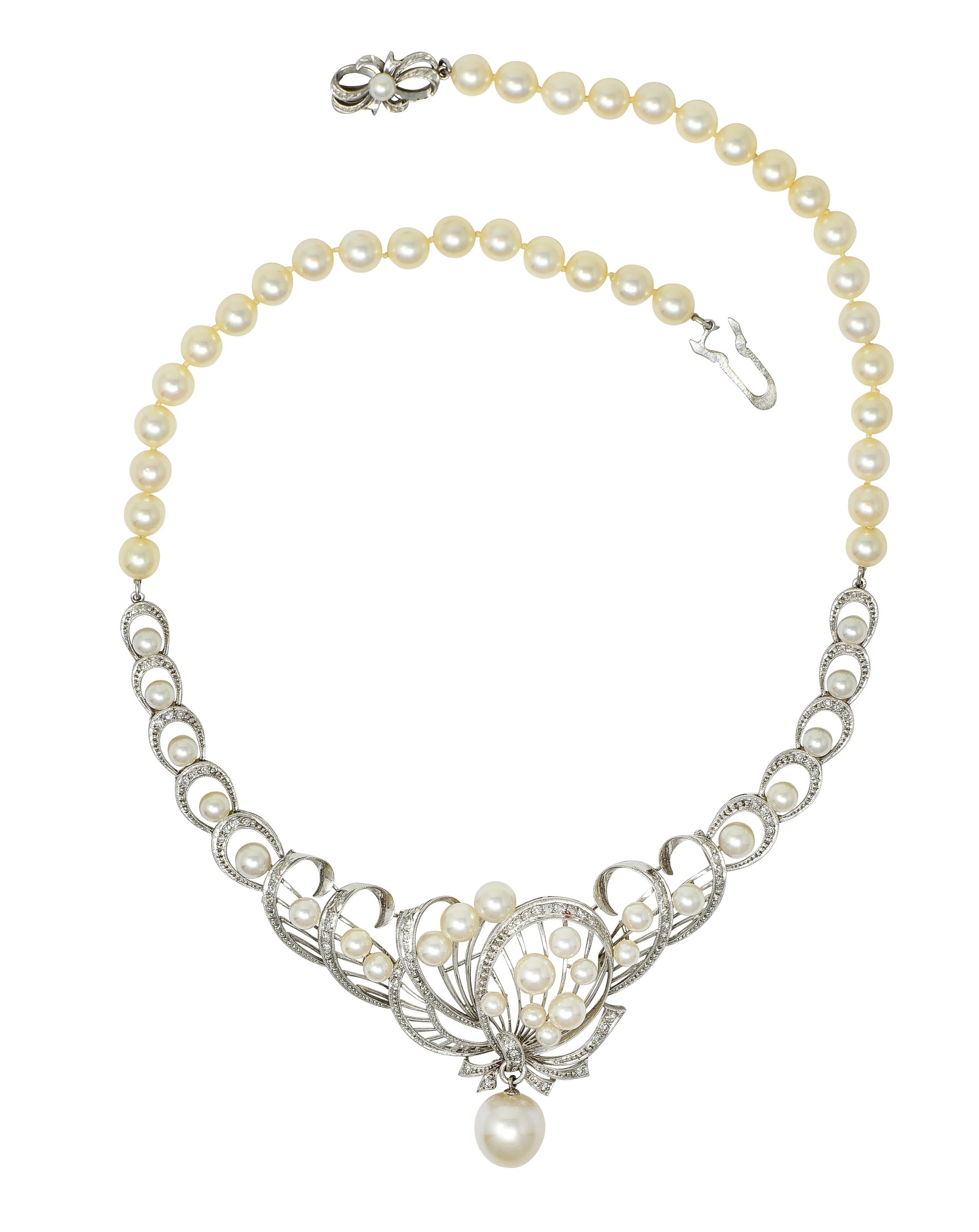 Mikimoto 1950's Diamond Pearl 14 Karat White Gold Fanning Ribbon Necklace